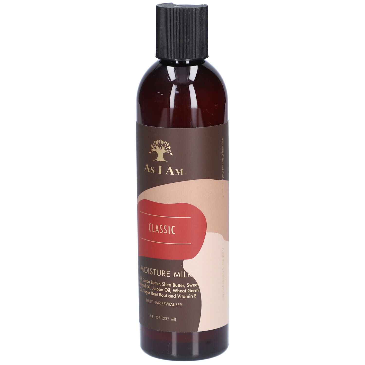 Bruine fles met zwarte dop. Opschrift: AS I AM, CLASSIC, MOISTURE MILK. Bevat cacaoboter, sheaboter, zoete amandelolie, jojoba-olie, tarwekiemolie, suikerrietwortel en vitamine E.