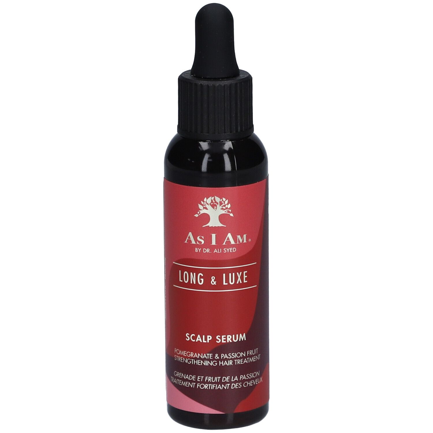 Donkere fles met zwarte dop en pipet. Rode sticker met tekst: Long & Luxe Scalp Serum.