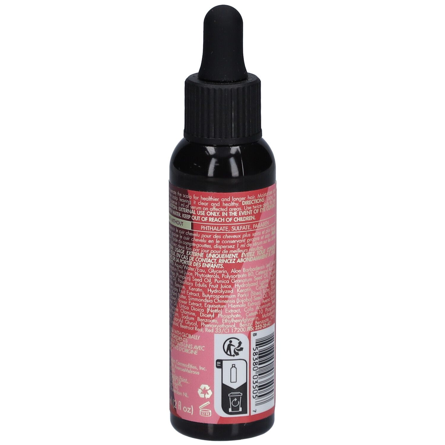 Donkere fles, zijaanzicht. Rode sticker met tekst en pictogrammen. Zwarte dop met pipet.