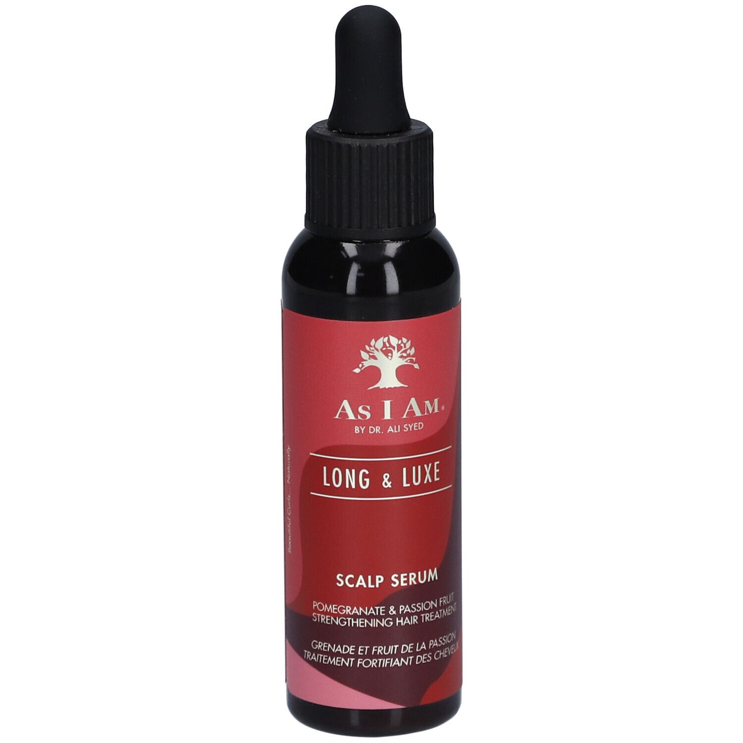 Donkere fles met zwarte dop en pipet. Rode sticker met tekst: Long & Luxe Scalp Serum.