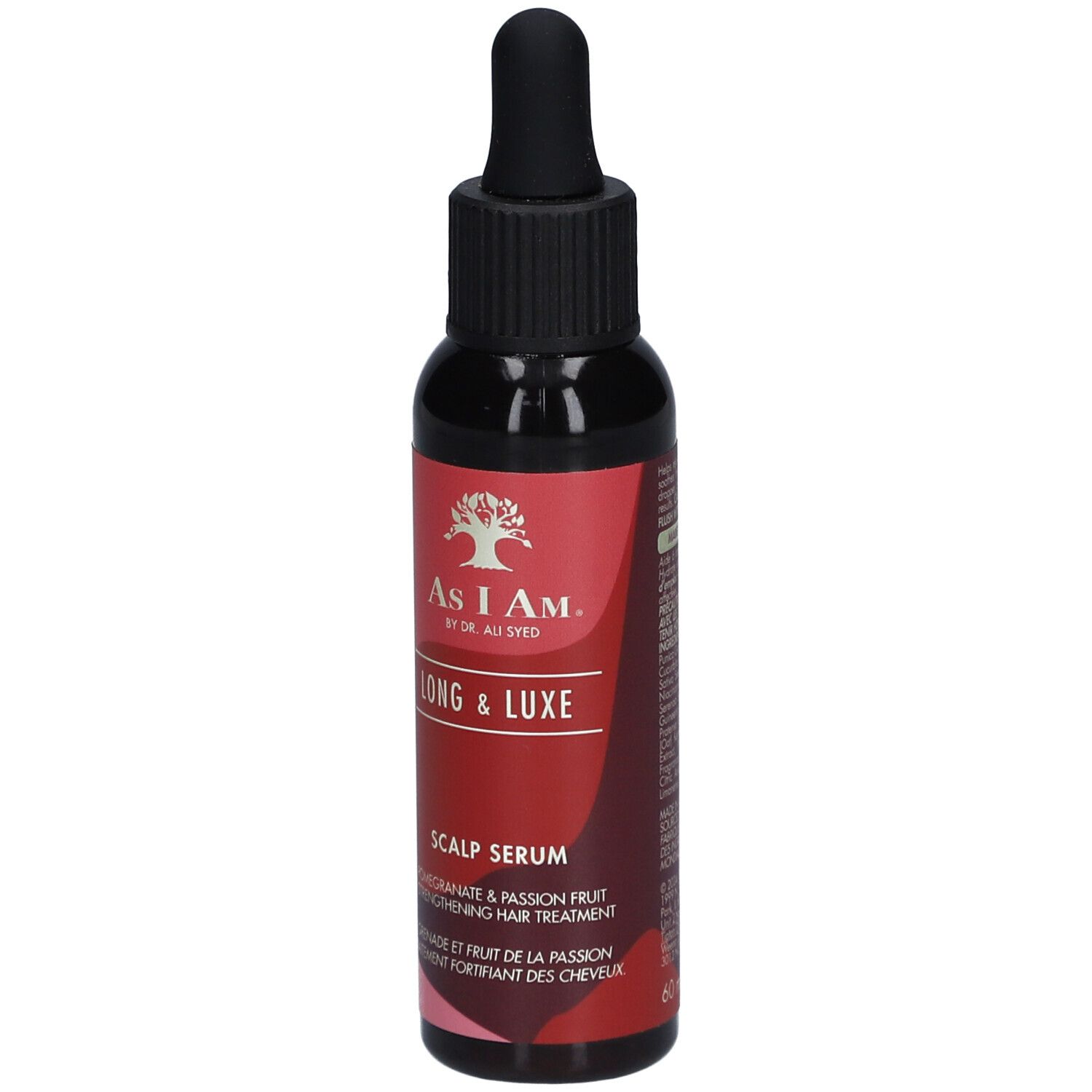 Donkere fles met zwarte dop en pipet. Rode sticker met tekst: Long & Luxe Scalp Serum.