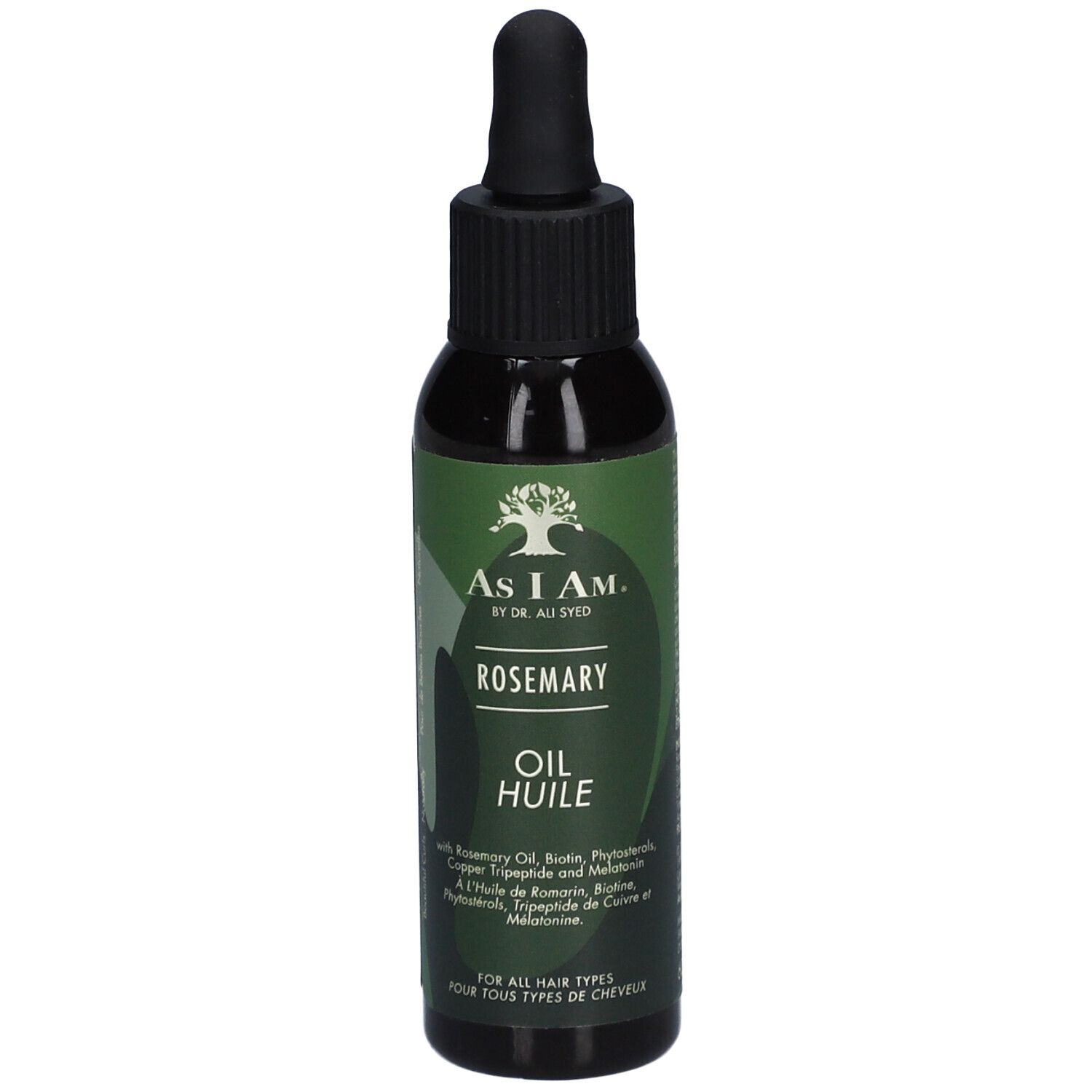 Donkergroene fles met zwarte dop en pipet. Opschrift: AS I AM, Rosemary Oil. Voor alle haartypes.