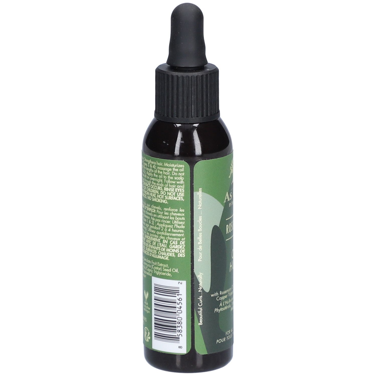 Donkergroene fles met zwarte dop en pipet. Opschrift: AS I AM, Rosemary Oil. Bevat rozemarijnolie, biotine.