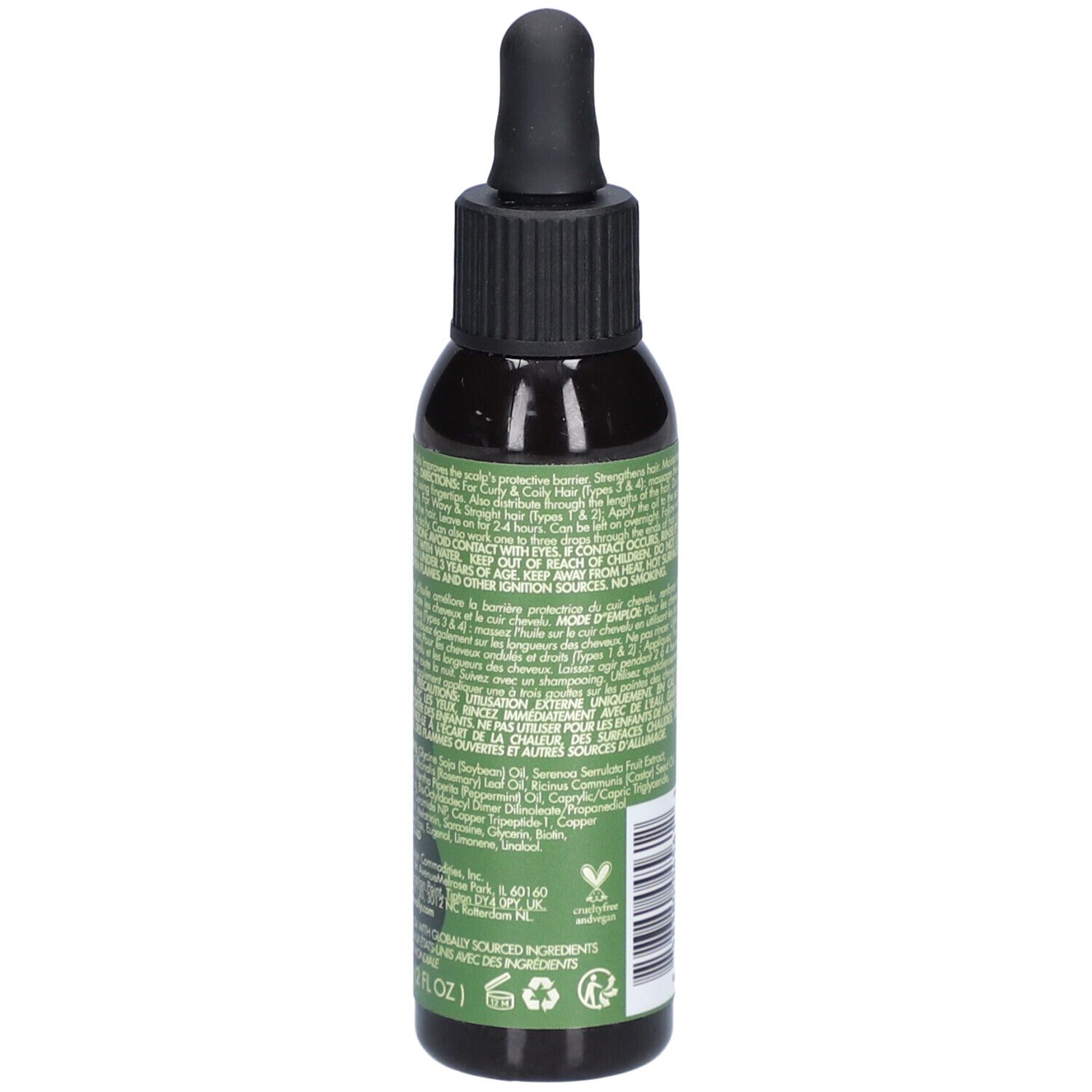 Donkergroene fles met zwarte dop en pipet. Opschrift: AS I AM, Rosemary Oil. Bevat rozemarijnolie, biotine.