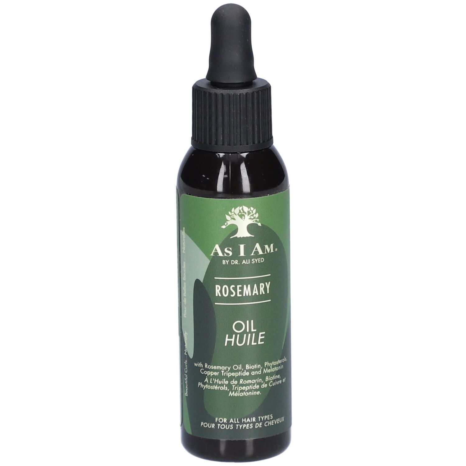 Donkergroene fles met zwarte dop en pipet. Opschrift: AS I AM, Rosemary Oil. Voor alle haartypes.