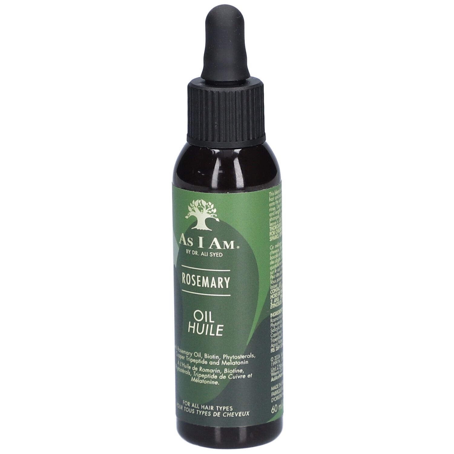 Donkergroene fles met zwarte dop en pipet. Opschrift: AS I AM, Rosemary Oil. 60ml. Voor alle haartypes.