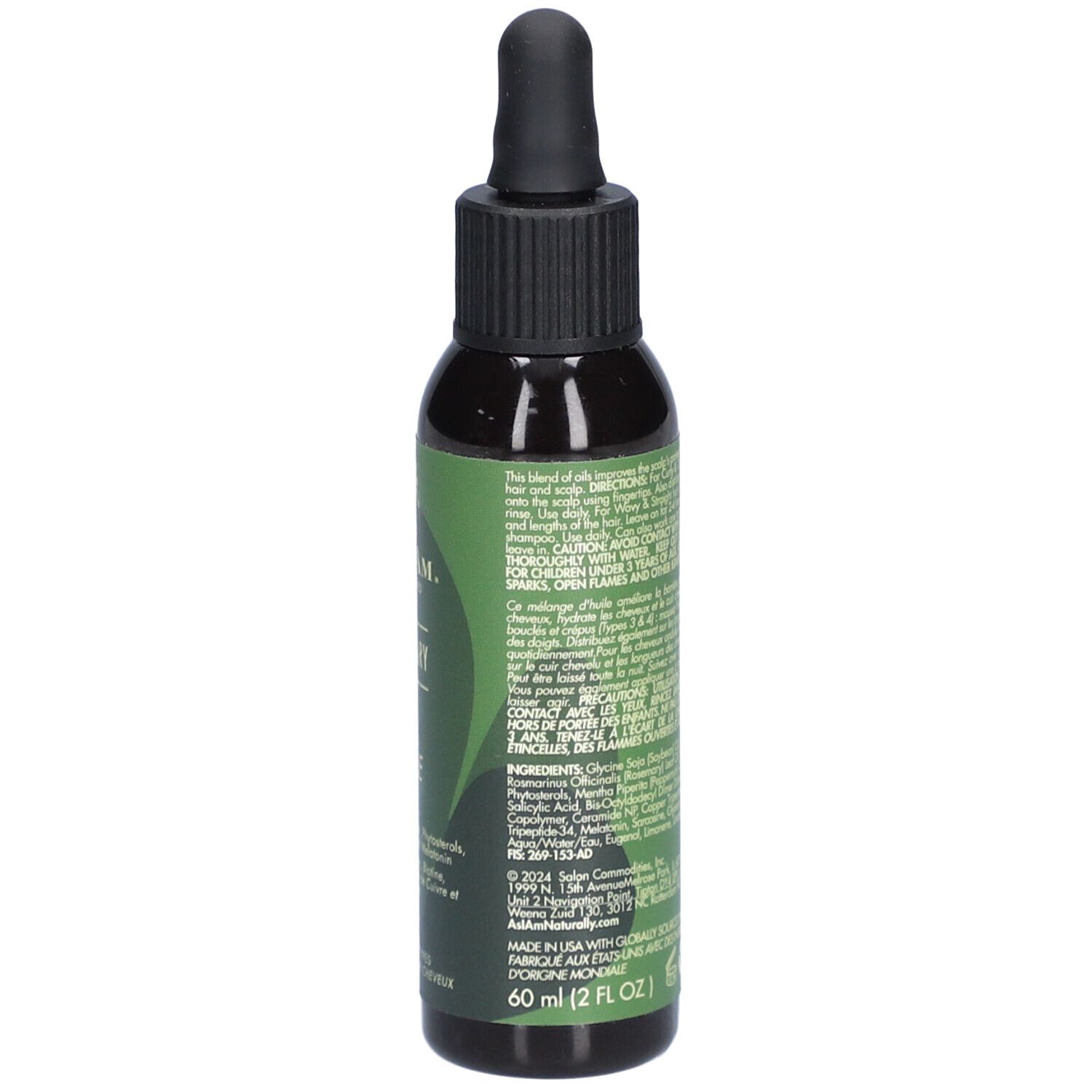 Donkergroene fles met zwarte dop en pipet. Opschrift: AS I AM, Rosemary Oil. 60ml. Ingrediënten.
