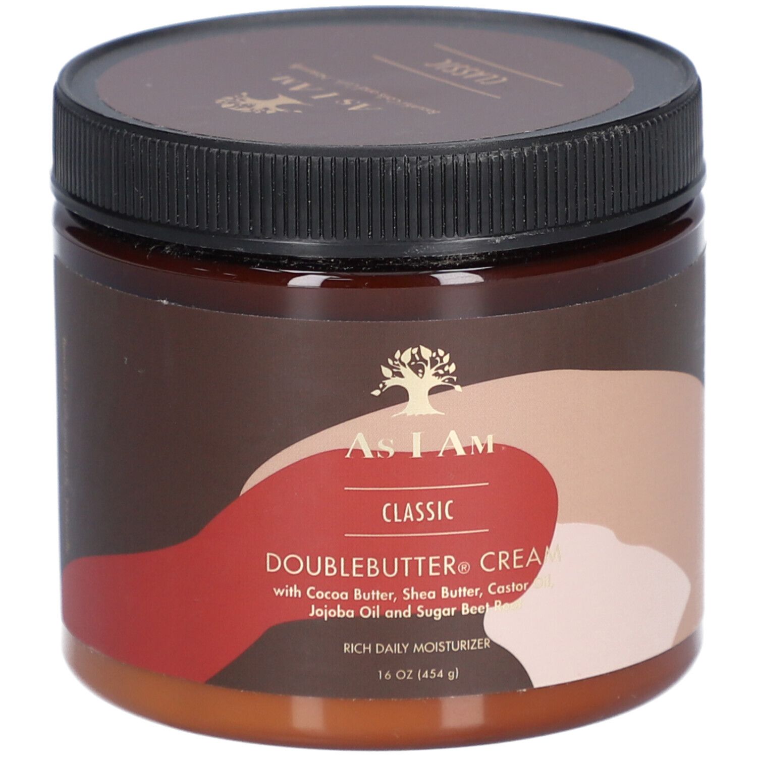 Bruine pot met zwart deksel. Opschrift: AS I AM, DOUBLEBUTTERCREME, 16 oz (454 g).