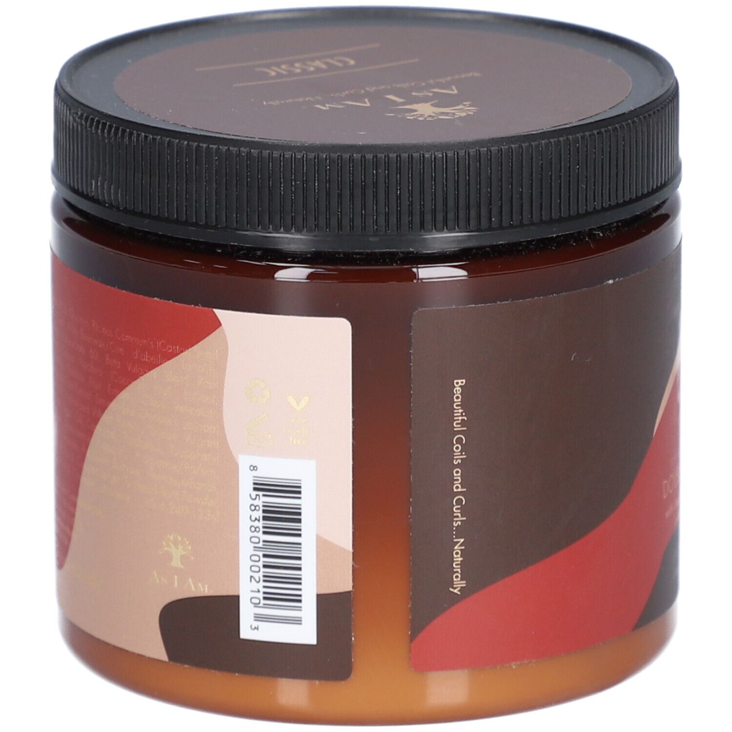 Bruine pot met zwart deksel. Sticker met barcode en tekst: Beautiful Coils and Curls...Naturally.