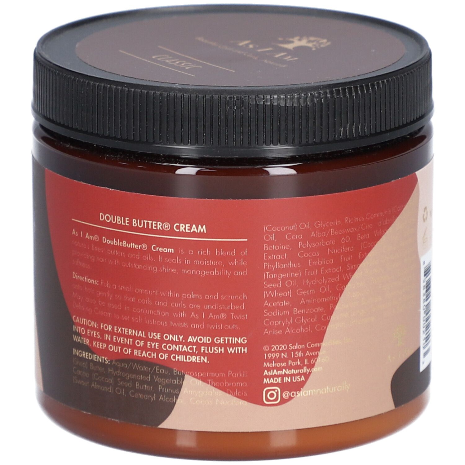 Bruine pot met zwart deksel. Opschrift: DOUBLE BUTTER CREAM. Ingrediëntenlijst en instructies.