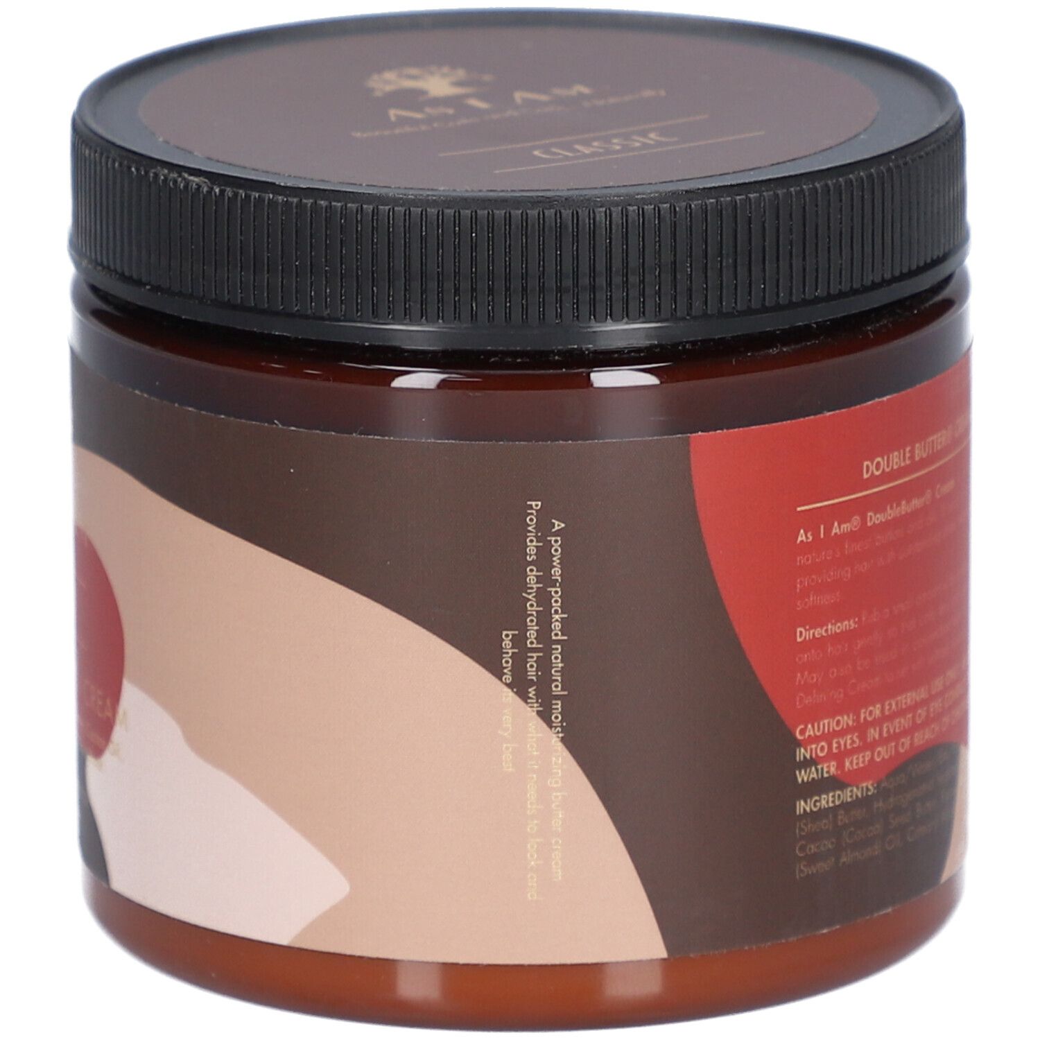 Bruine pot met zwart deksel. Tekst: Provides dehydrated hair with... A power-packed natural moisturizer.