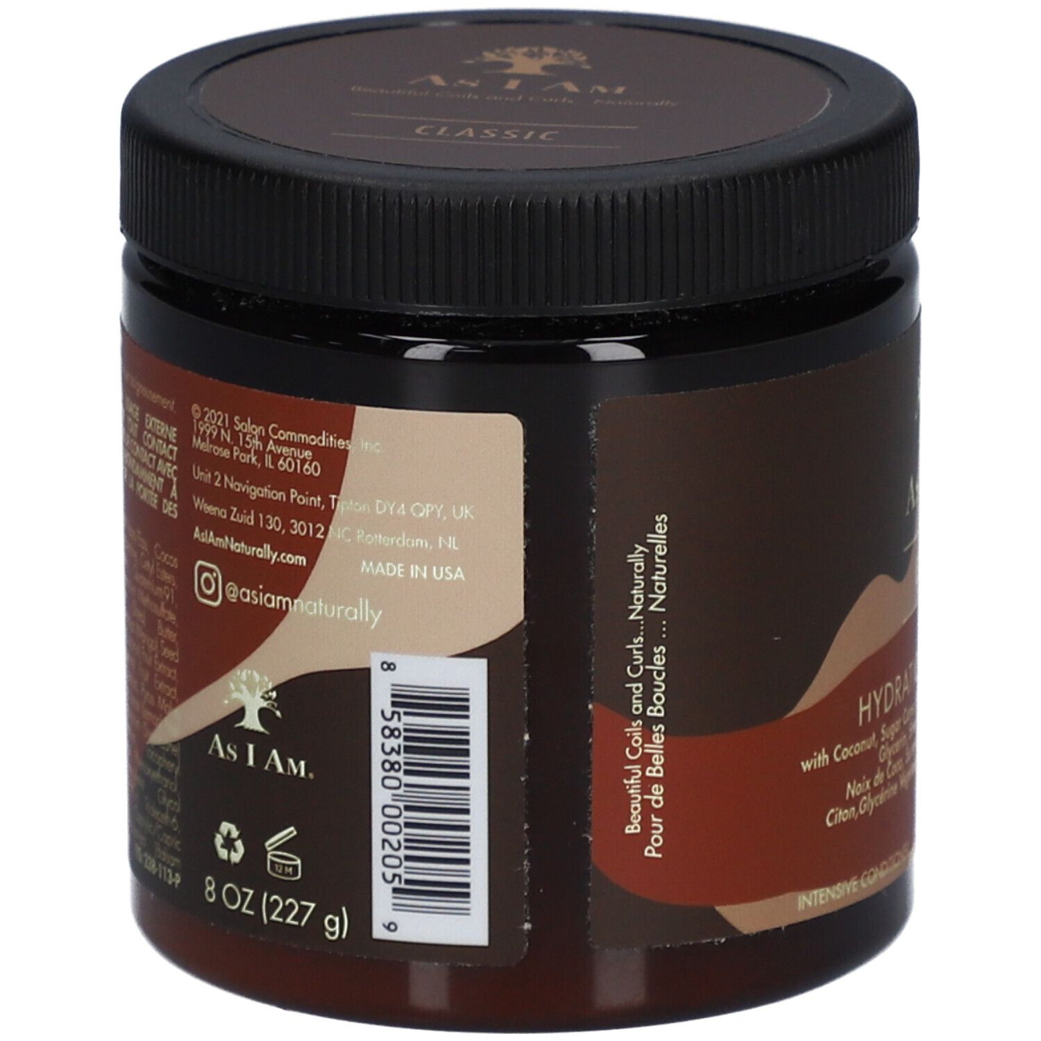 Achterkant van de bruine pot met zwarte deksel. Bevat informatie over ingrediënten, fabrikant en barcode.