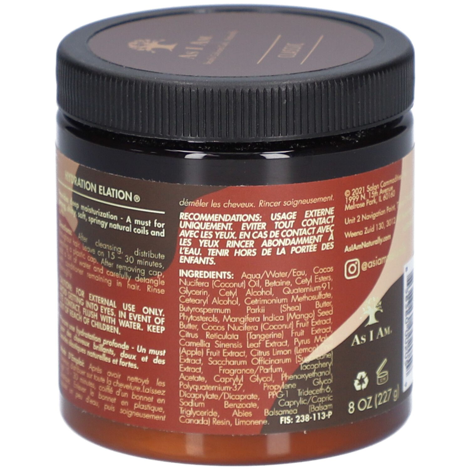 Achterkant van de bruine pot met zwarte deksel. Bevat ingrediënten, gebruiksaanwijzing en waarschuwingen.