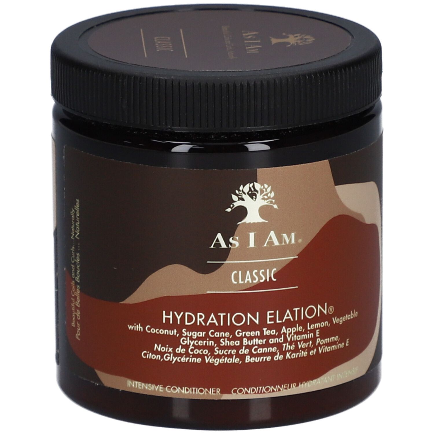 Bruine pot met zwarte deksel. Opschrift: AS I AM, Classic, Hydration Elation. Bevat kokosnoot en sheaboter.