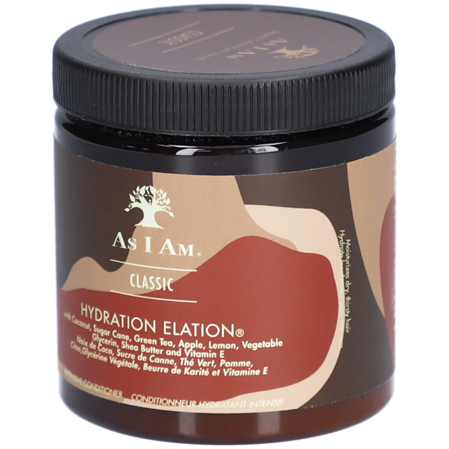 Bruine pot met zwarte deksel. Opschrift: AS I AM, Classic, Hydration Elation. Bevat kokosnoot en sheaboter.