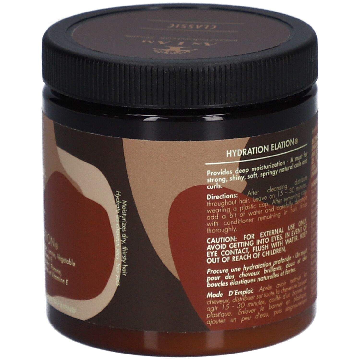 Achterkant van de bruine pot met zwarte deksel. Bevat informatie over gebruik en ingrediënten.