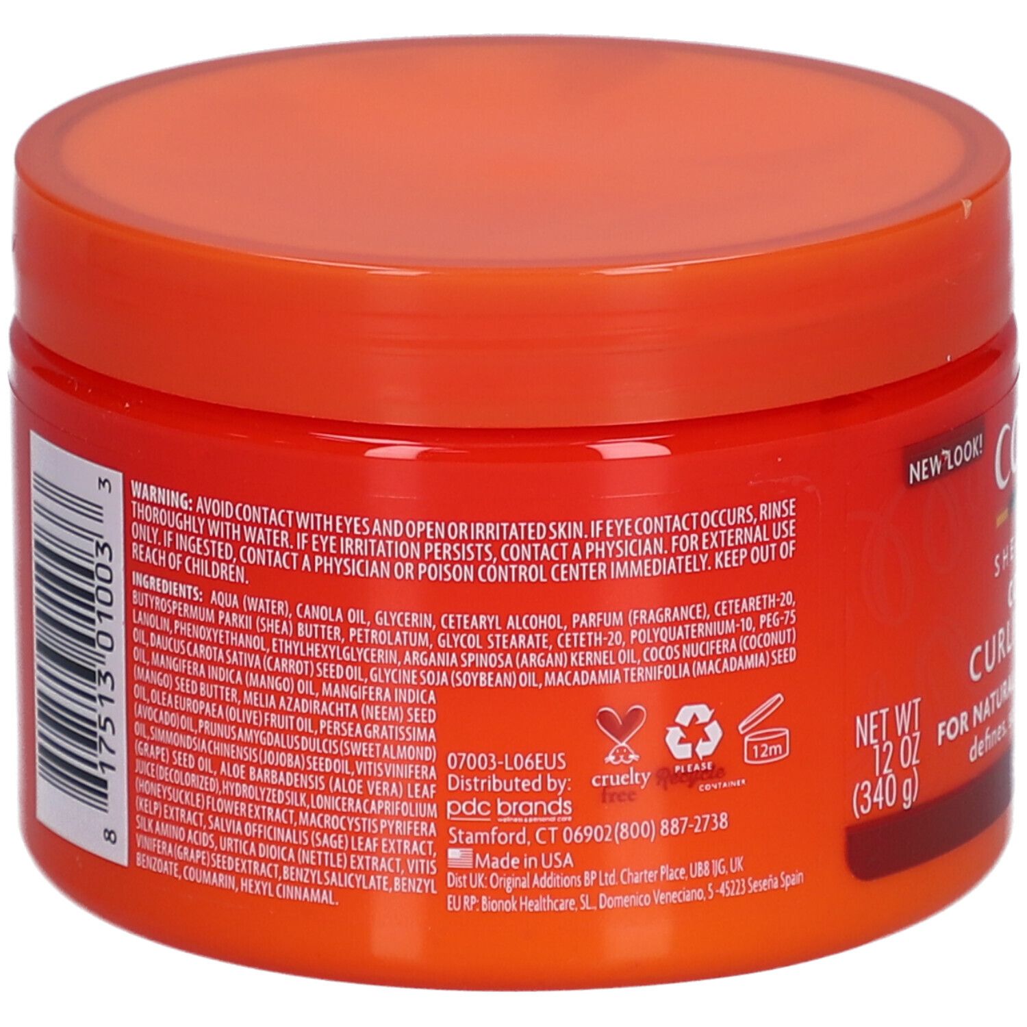 Dos du pot avec ingrédients et avertissements. Couvercle orange. 12 oz (340 g).