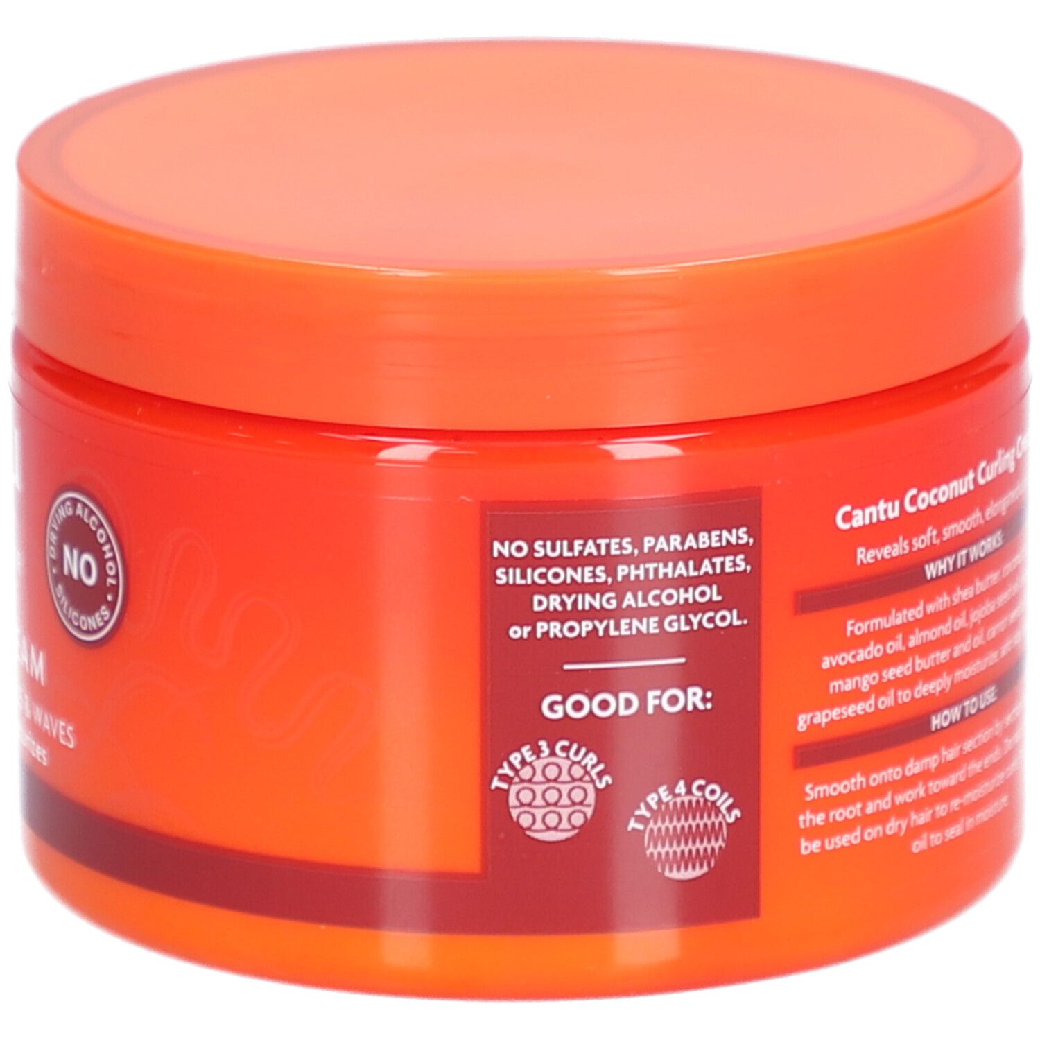 Dos du pot avec informations sur le produit. Couvercle orange. Sans sulfates, parabènes, silicones.