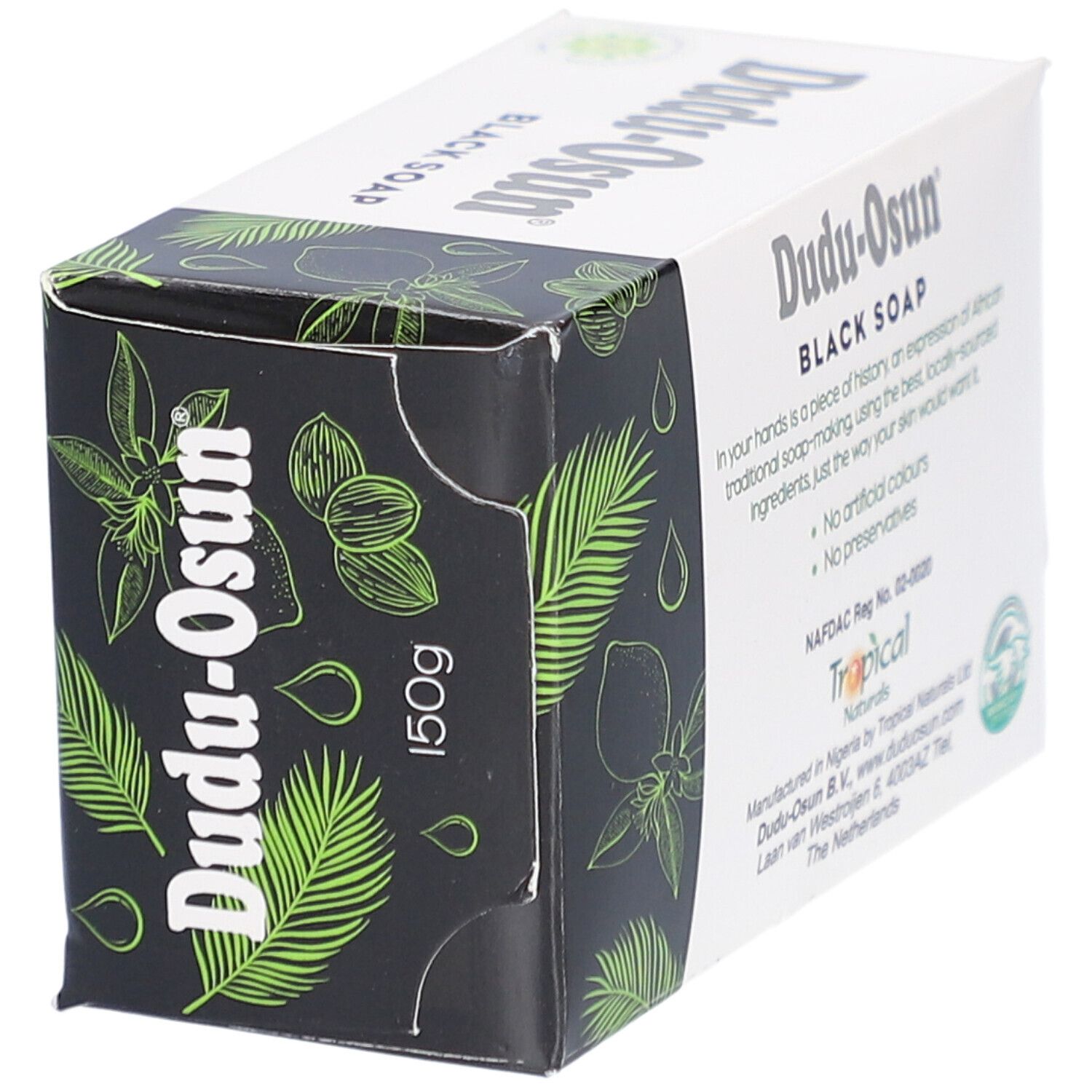 Emballage de savon noir Dudu-Osun. Boîte blanche avec informations. Côté noir avec motifs végétaux.