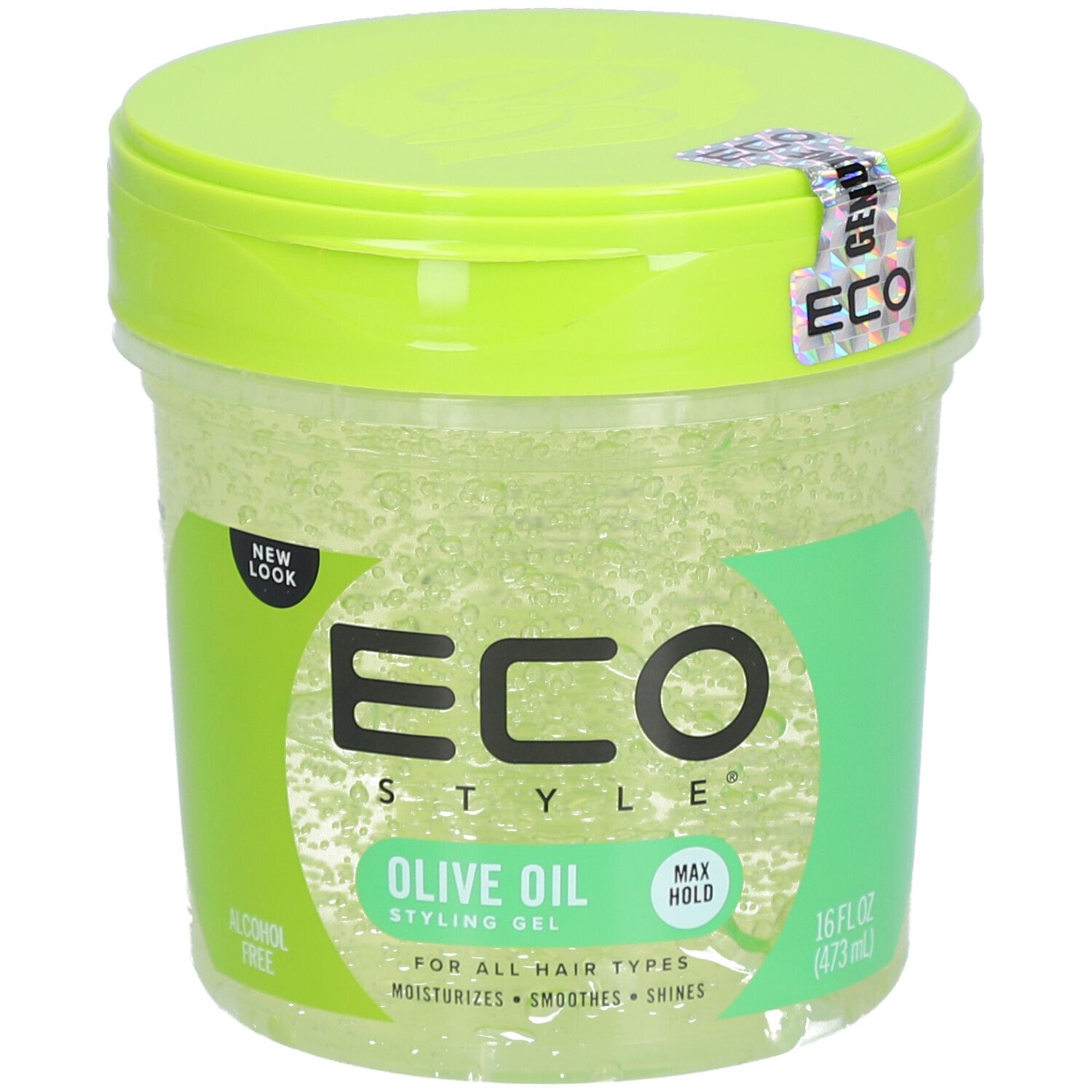 Ronde pot met groen deksel. Sticker met ECO-logo. Opschrift ECO STYLE OLIVE OIL STYLING GEL. Voor alle haartypes.