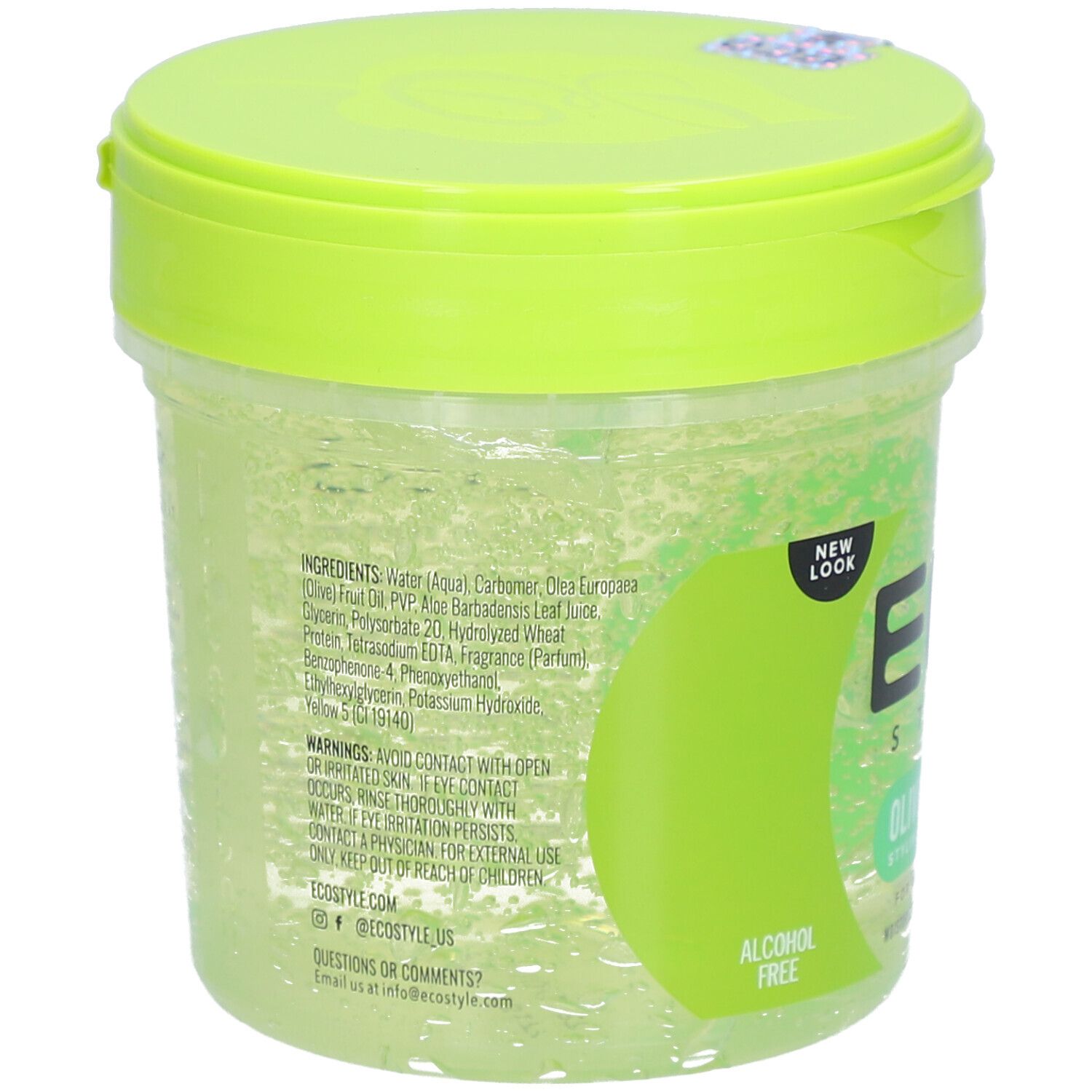 Ronde pot met groen deksel. Opschrift ECO STYLE OLIVE OIL STYLING GEL. Ingrediëntenlijst op de achterkant. Alcoholvrij.