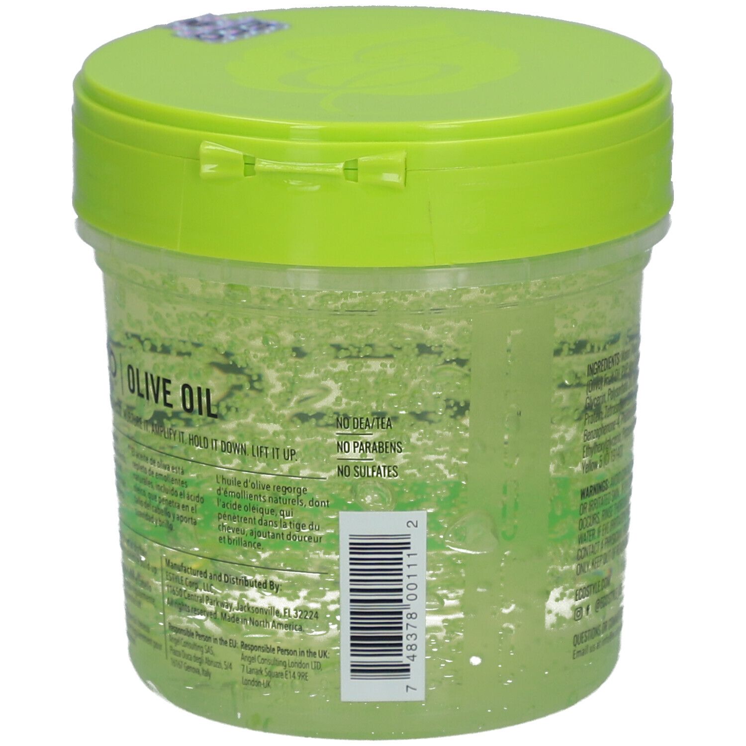 Ronde pot met groen deksel. Opschrift ECO STYLE OLIVE OIL STYLING GEL. Barcode en tekst op de achterkant. Zonder parabenen.