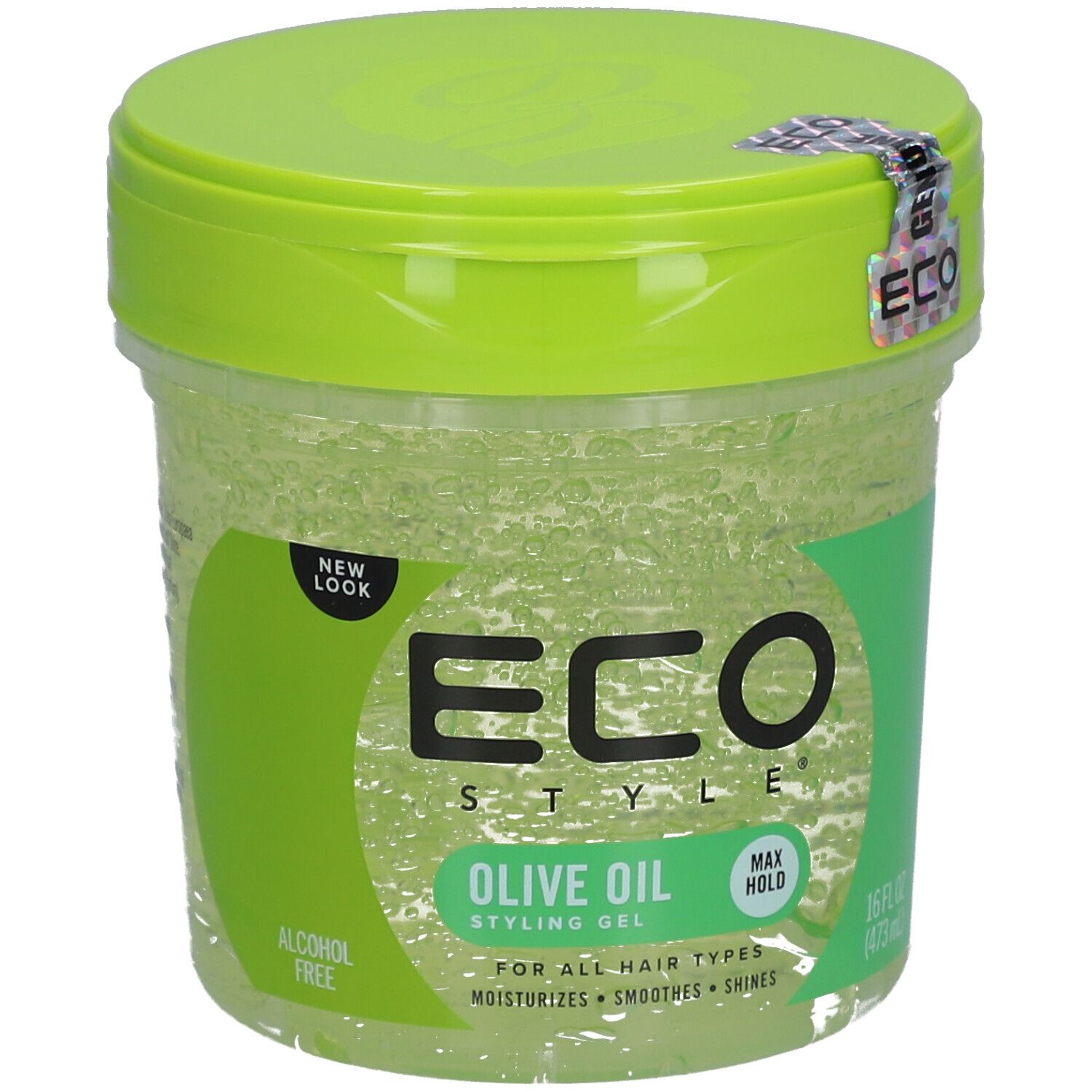 Ronde pot met groen deksel. Sticker met ECO-logo. Opschrift ECO STYLE OLIVE OIL STYLING GEL. Voor alle haartypes.