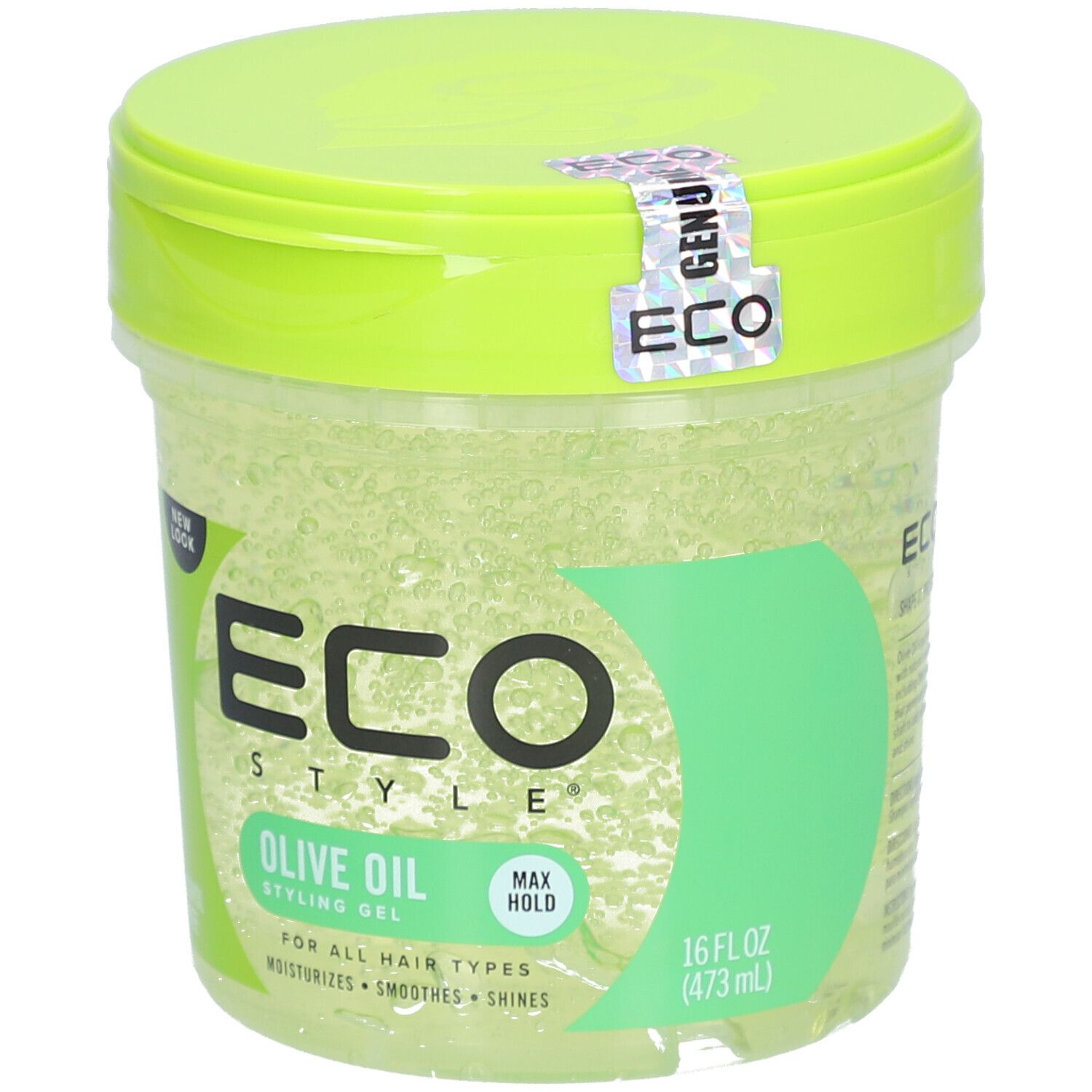 Ronde pot met groen deksel. Sticker met ECO-logo. Opschrift ECO STYLE OLIVE OIL STYLING GEL. Voor alle haartypes.
