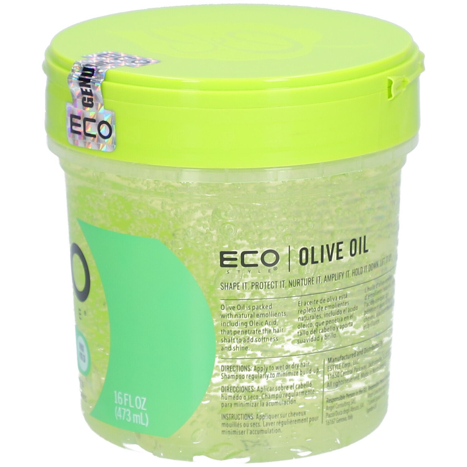 Ronde pot met groen deksel. Sticker met ECO-logo. Opschrift ECO STYLE OLIVE OIL STYLING GEL. 16 fl oz (473 ml).