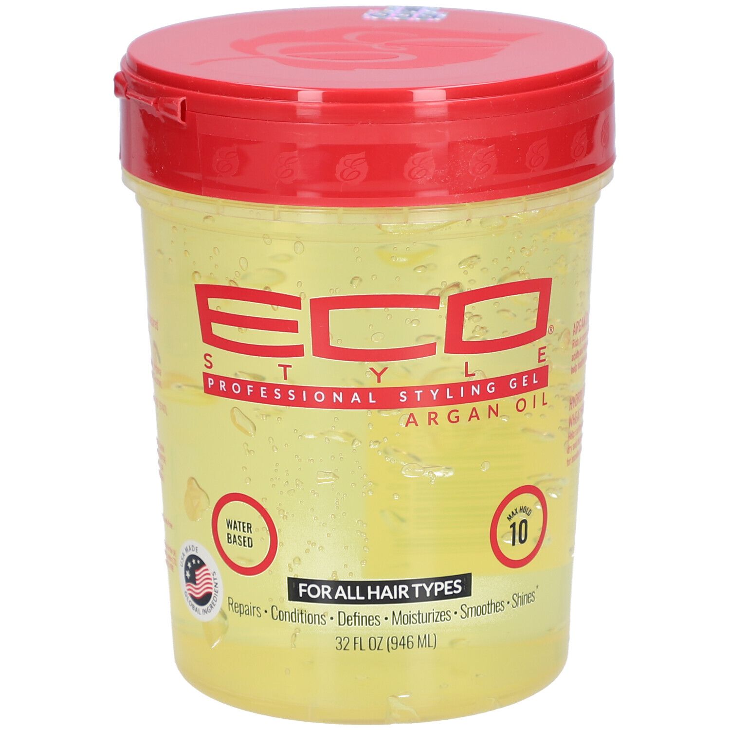 Récipient de gel avec couvercle rouge. Inscription : ECO STYLE, Styling Gel, Argan Oil. Pour tous types de cheveux. À base d'eau.