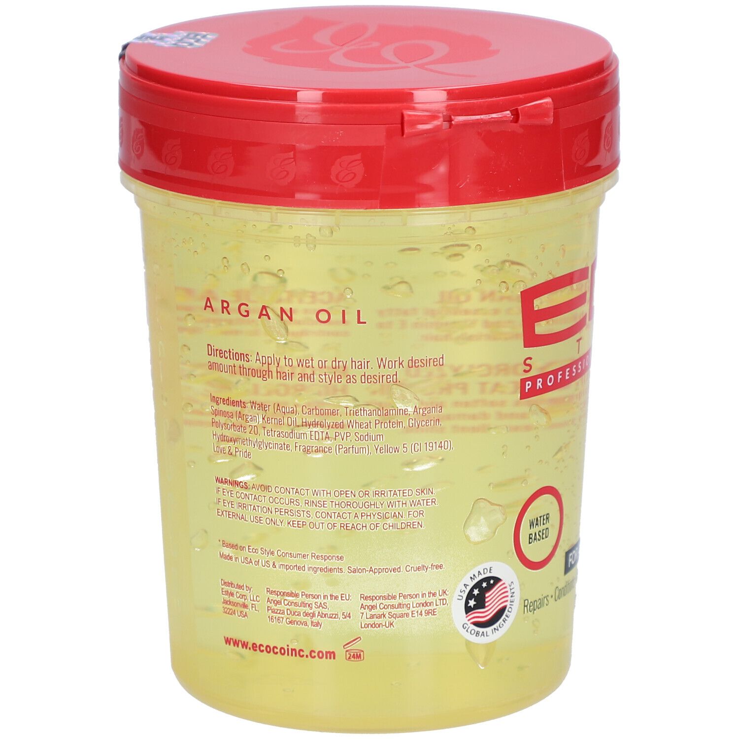 Récipient de gel avec couvercle rouge. Inscription : Huile d'Argan. Ingrédients et mode d'emploi. À base d'eau. Fabriqué aux États-Unis.