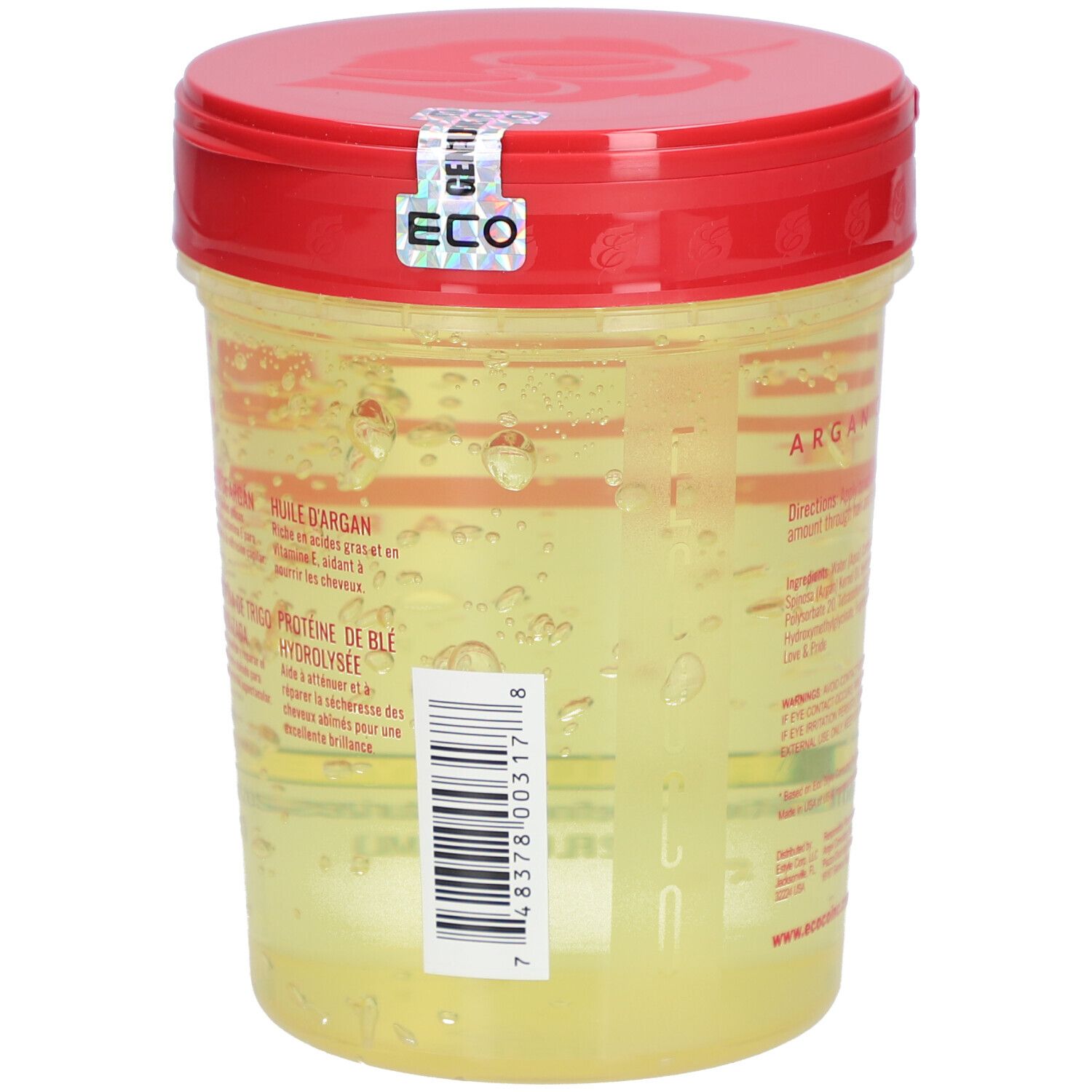 Récipient de gel avec couvercle rouge. Inscription : ECO. Code-barres. Inscription : Huile d'Argan. Protéine de blé hydrolysée.