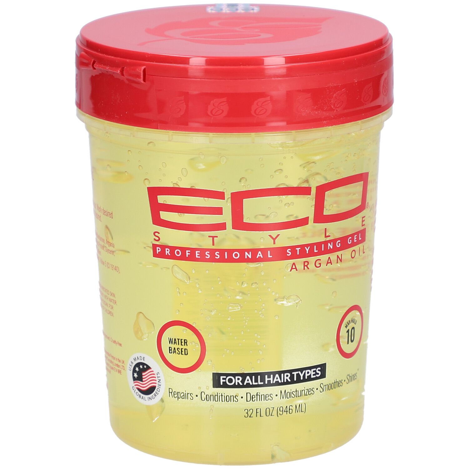 Récipient de gel avec couvercle rouge. Inscription : ECO STYLE, Styling Gel, Argan Oil. Pour tous types de cheveux. À base d'eau.