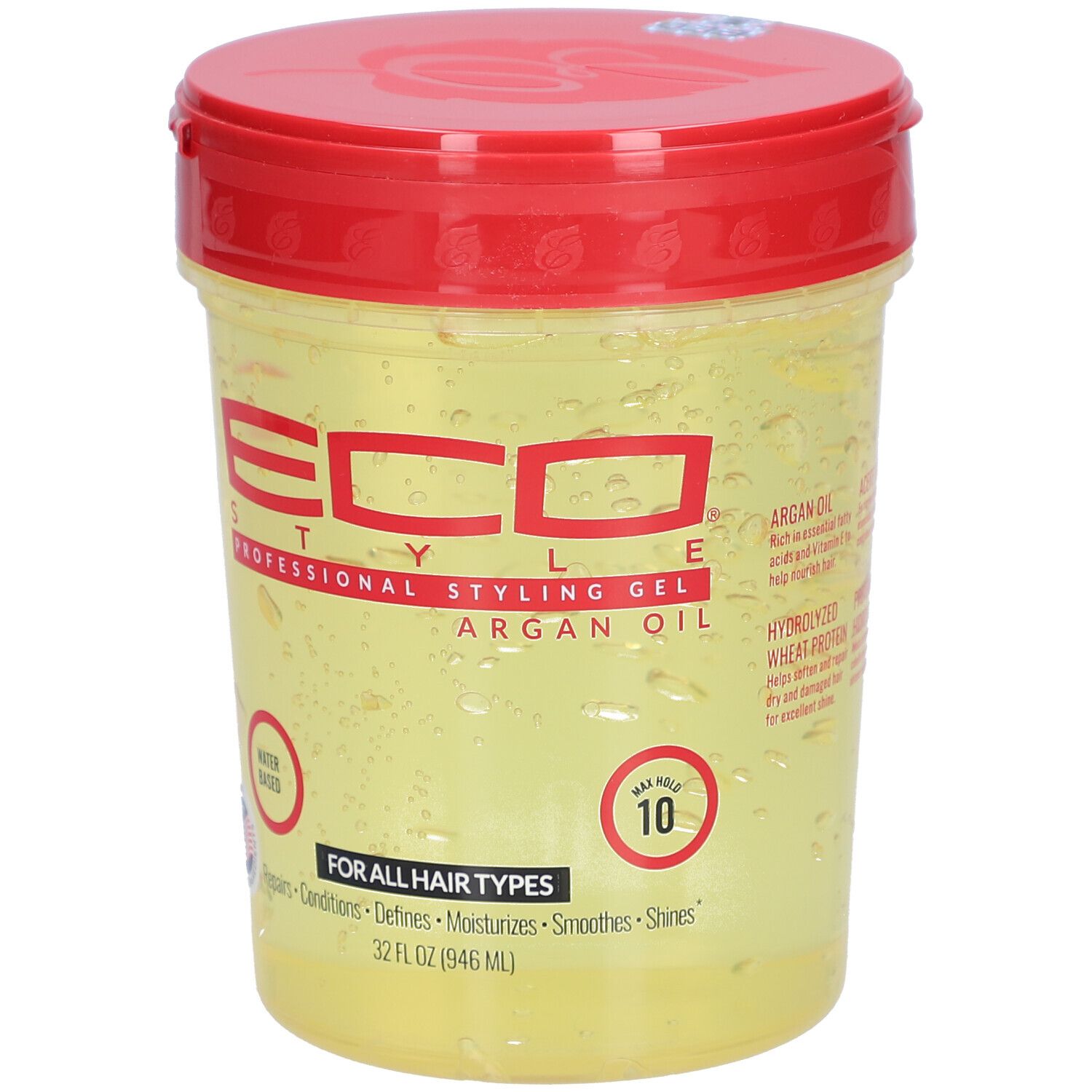 Récipient de gel avec couvercle rouge. Inscription : ECO STYLE, Styling Gel, Argan Oil. Pour tous types de cheveux. À base d'eau. 10.