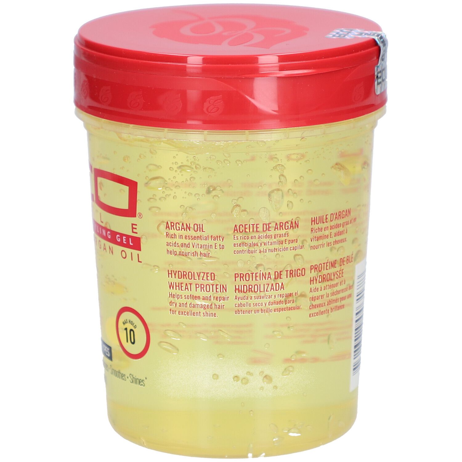 Récipient de gel avec couvercle rouge. Inscription : ECO STYLE, Styling Gel, Argan Oil. 10. Huile d'Argan, protéine de blé hydrolysée.