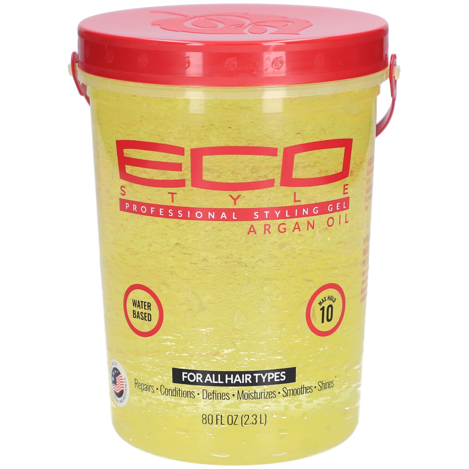 Gele gelcontainer met rode deksel en handvat. Opschrift: ECO STYLE PROFESSIONAL STYLING GEL ARGAN OIL. Voor alle haartypes.