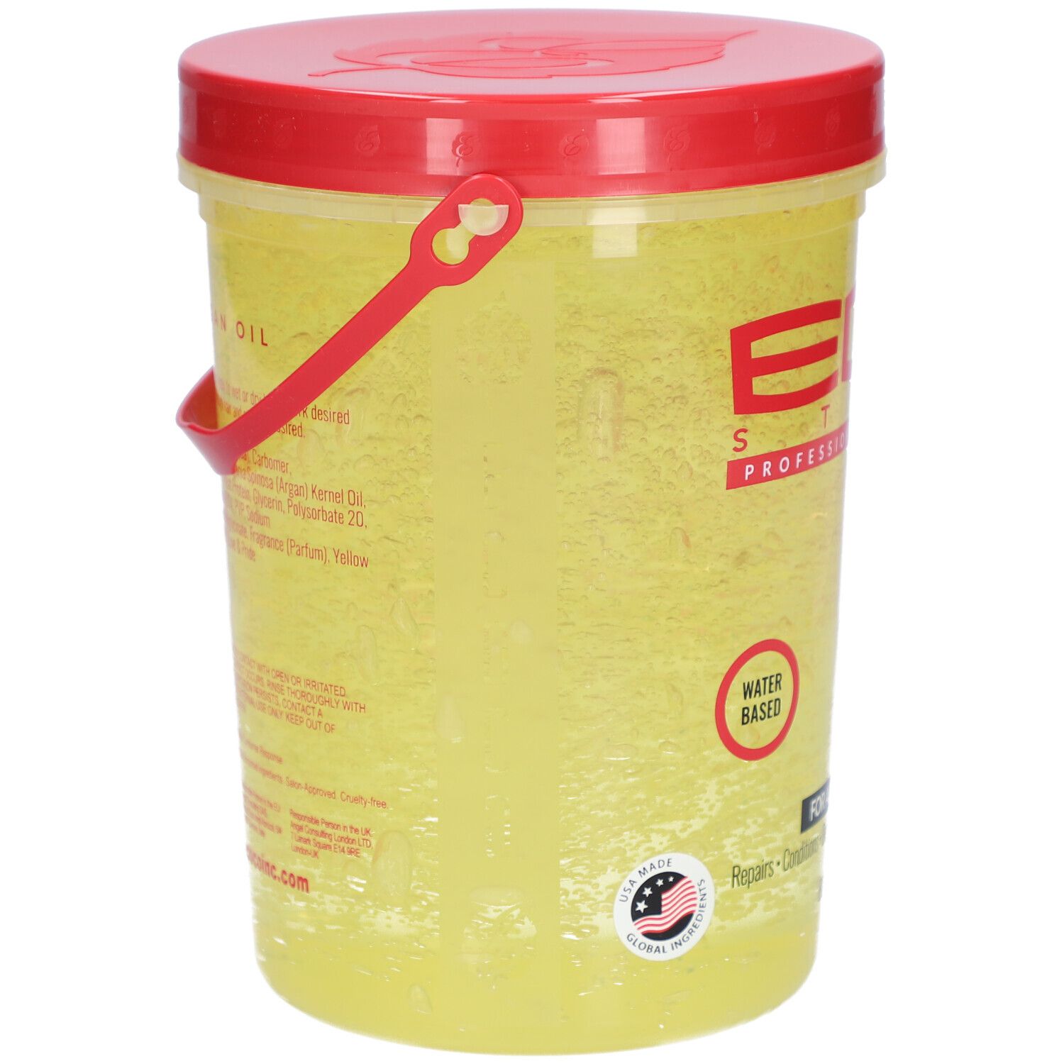 Gele gelcontainer met rode deksel en handvat. Opschrift: ECO STYLE PROFESSIONAL STYLING GEL ARGAN OIL. Op waterbasis. Gemaakt in de VS.