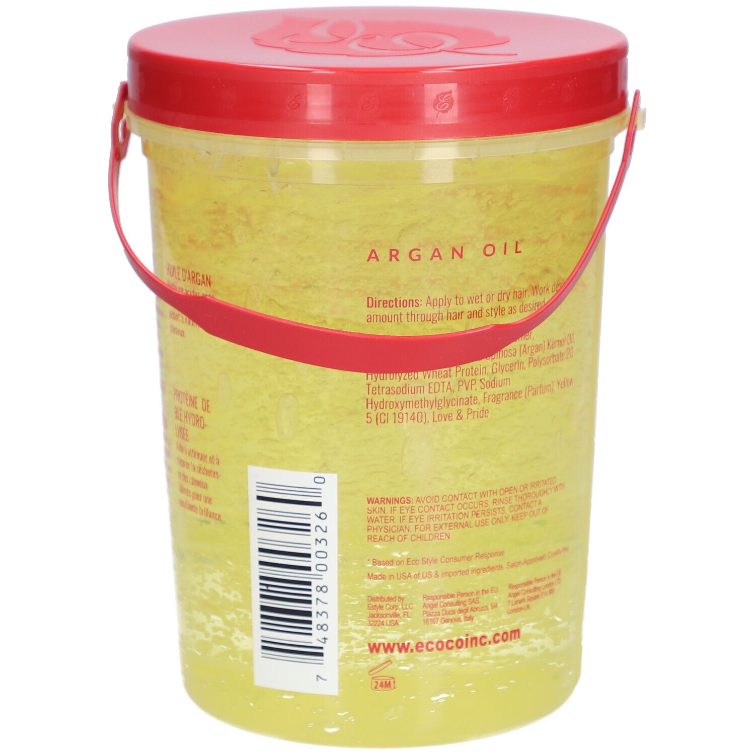 Gele gelcontainer met rode deksel en handvat. Streepjescode en ingrediënten. Opschrift: ARGAN OIL. Gebruiksaanwijzing.