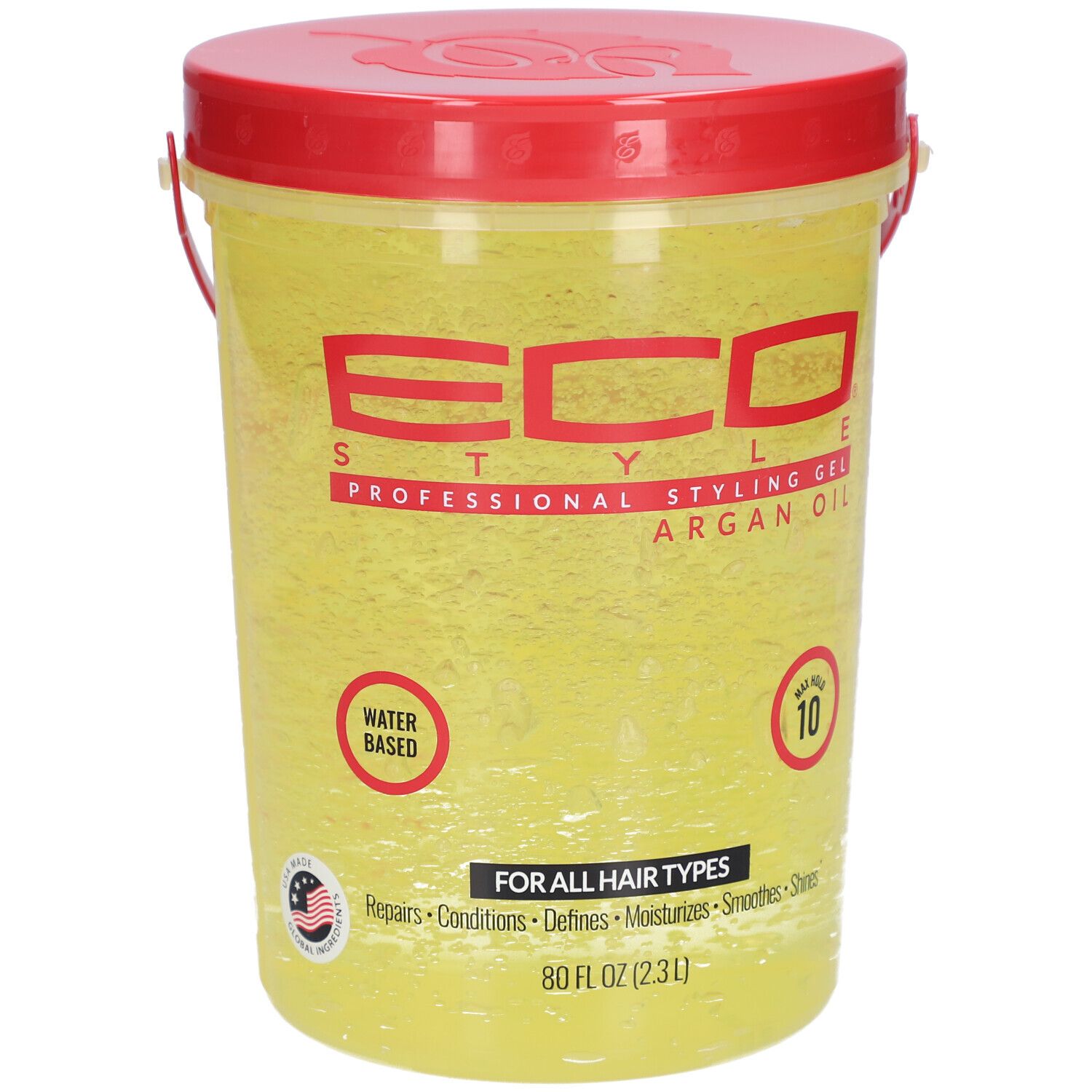 Gele gelcontainer met rode deksel en handvat. Opschrift: ECO STYLE PROFESSIONAL STYLING GEL ARGAN OIL. Op waterbasis. Max Hold 10.