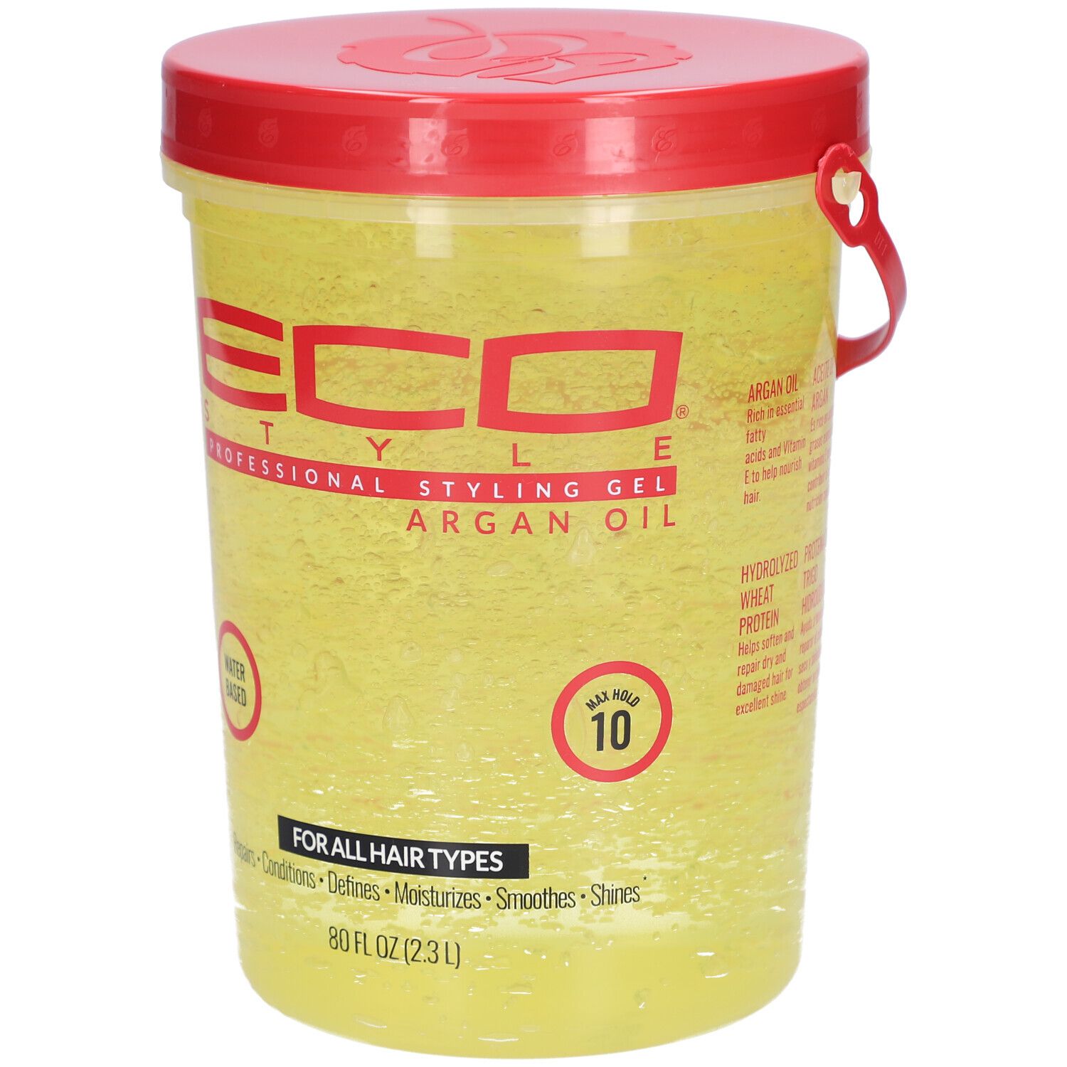 Gele gelcontainer met rode deksel en handvat. Opschrift: ECO STYLE PROFESSIONAL STYLING GEL ARGAN OIL. Op waterbasis. Max Hold 10. 80 FL OZ (2.3L).