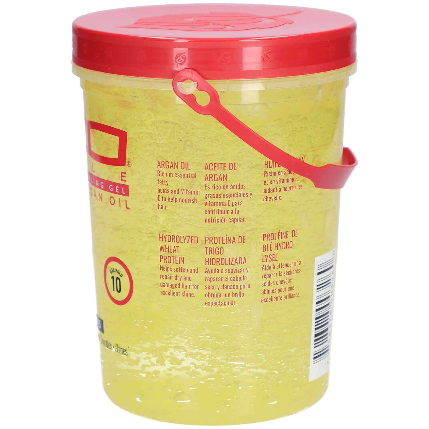 Gele gelcontainer met rode deksel en handvat. Opschrift: ECO STYLE PROFESSIONAL STYLING GEL ARGAN OIL. Max Hold 10. Ingrediënten in meerdere talen.