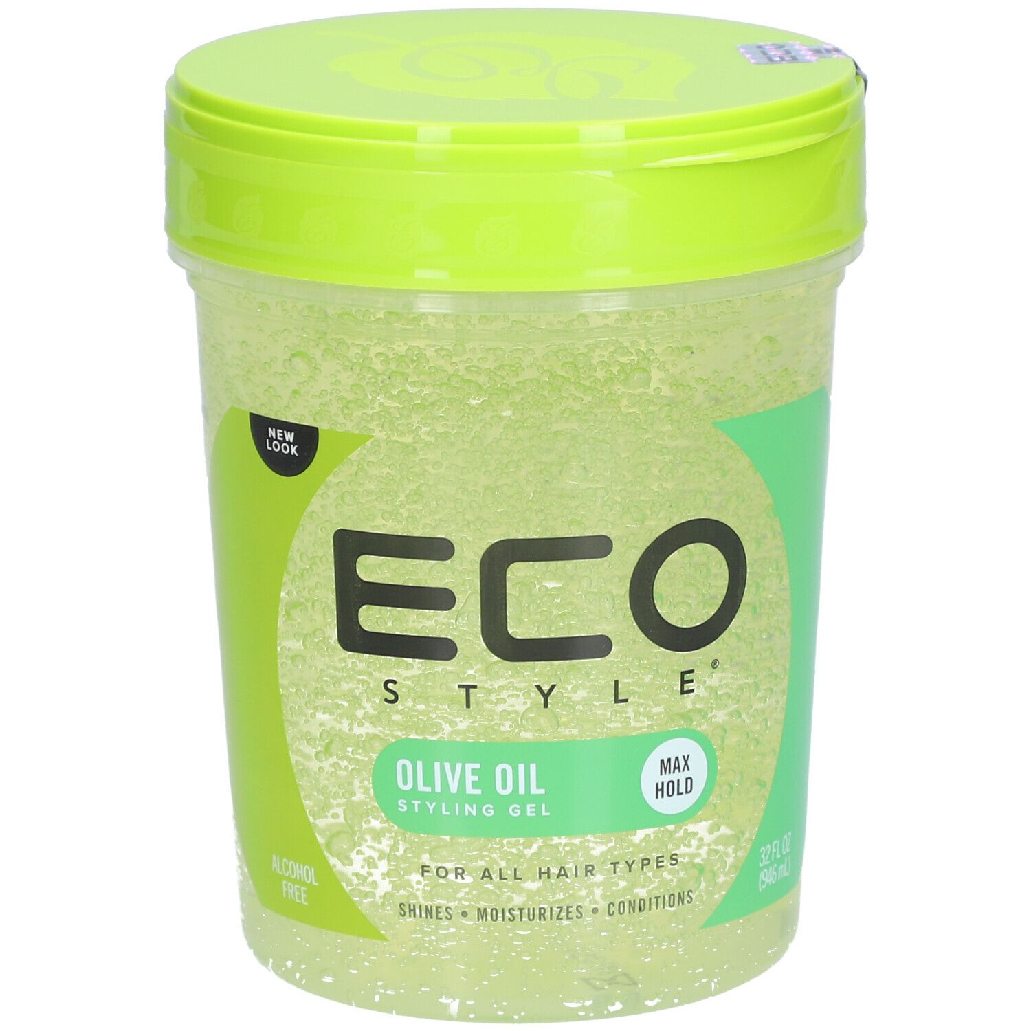 Groene ECO STYLE stylinggel met olijfolie. Transparante pot met groen deksel. Opschrift: MAX HOLD, ALCOHOL FREE.
