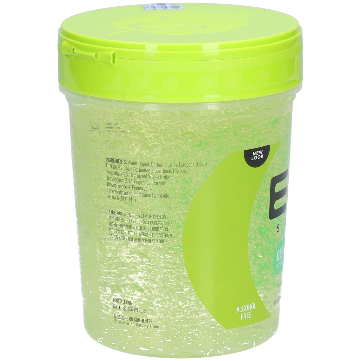 Achterkant van groene ECO STYLE stylinggel met olijfolie. Transparante pot met groen deksel. Tekst met ingrediënten.