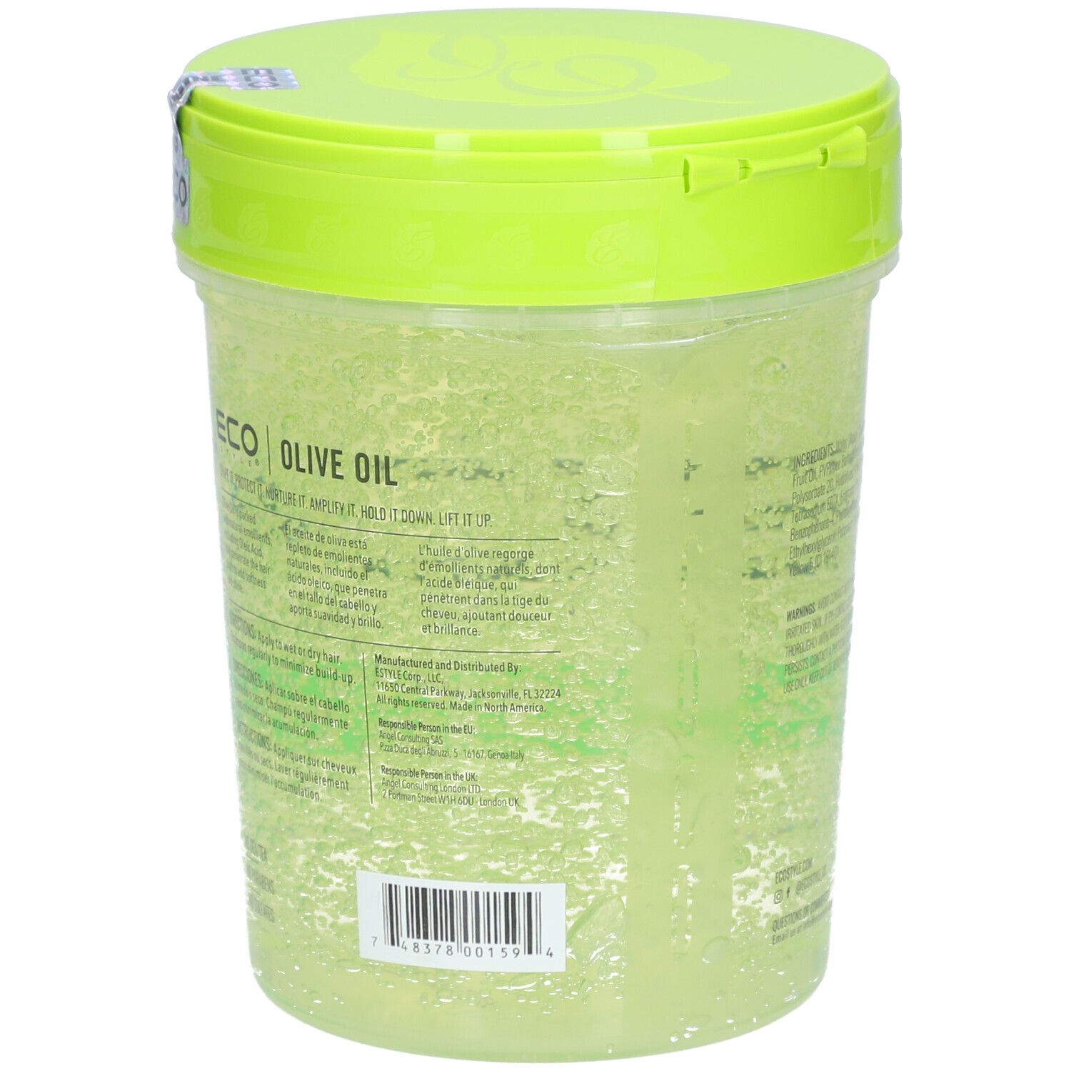 Achterkant van groene ECO STYLE stylinggel met olijfolie. Transparante pot met groen deksel. Barcode en tekst.