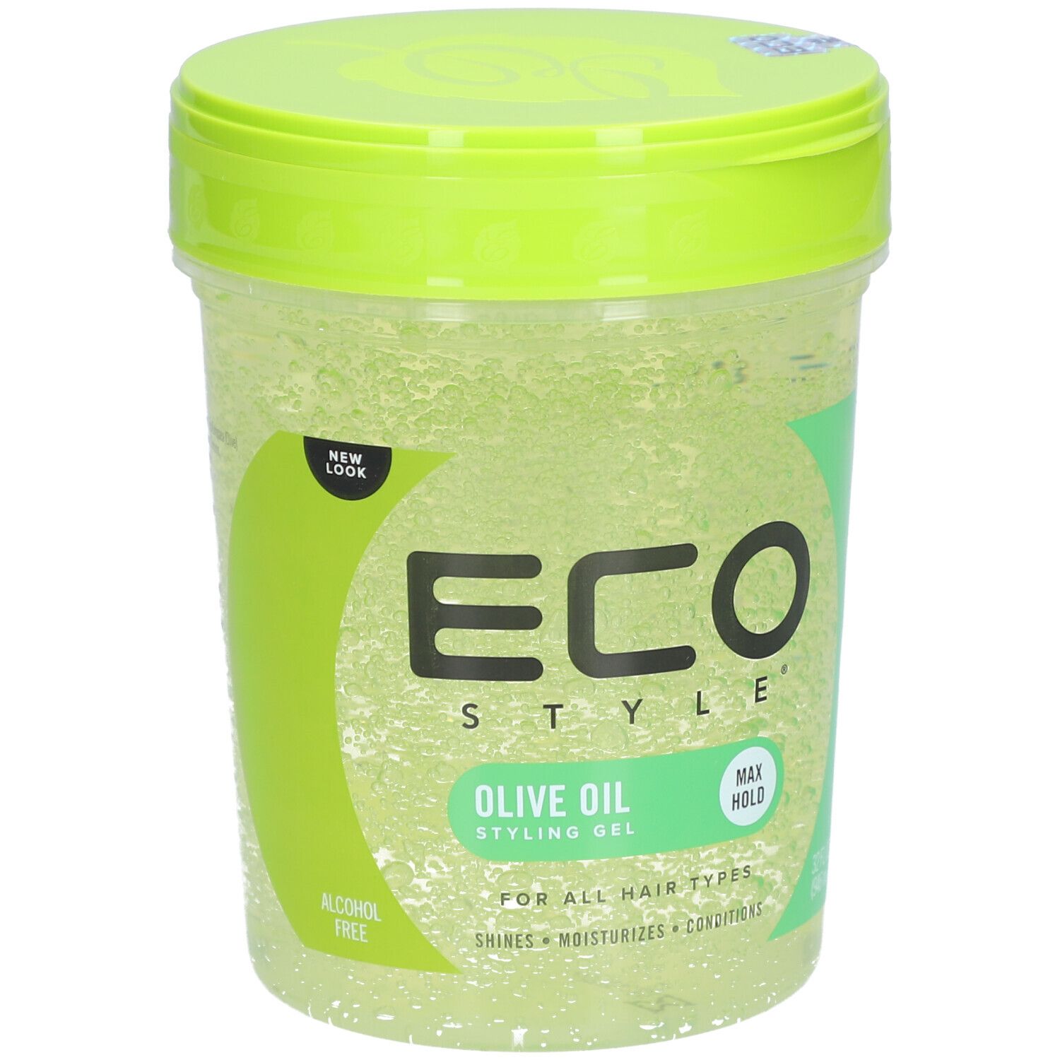 Groene ECO STYLE stylinggel met olijfolie. Transparante pot met groen deksel. Opschrift: MAX HOLD, ALCOHOL FREE.