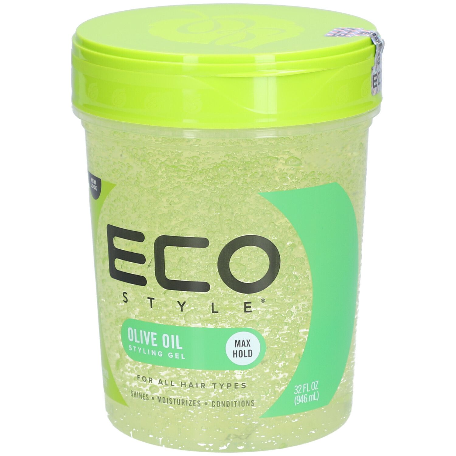 Groene ECO STYLE stylinggel met olijfolie. Transparante pot met groen deksel. Opschrift: MAX HOLD, 32 fl oz (946 ml).