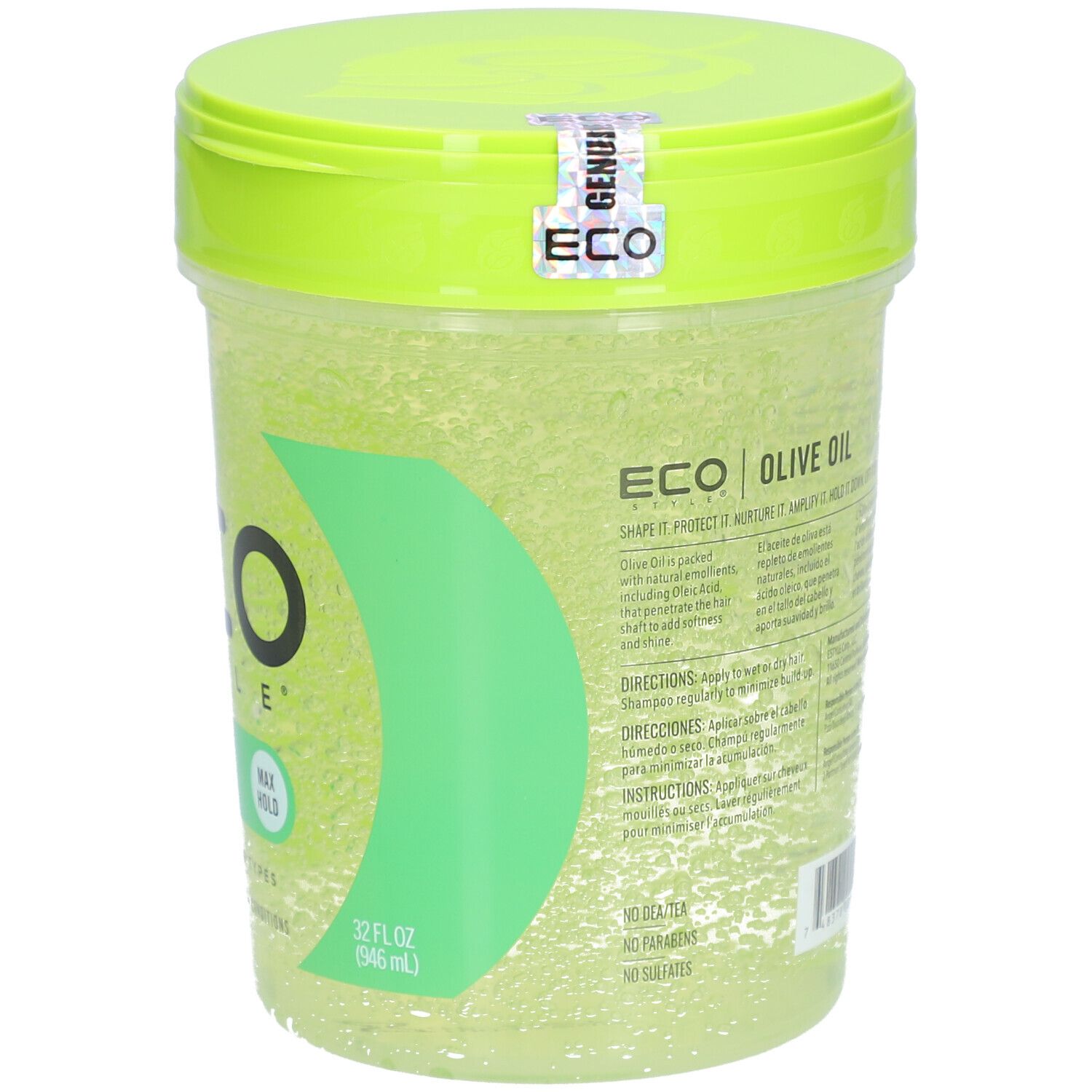 Groene ECO STYLE stylinggel met olijfolie. Transparante pot met groen deksel. Opschrift: MAX HOLD, 32 fl oz (946 ml).