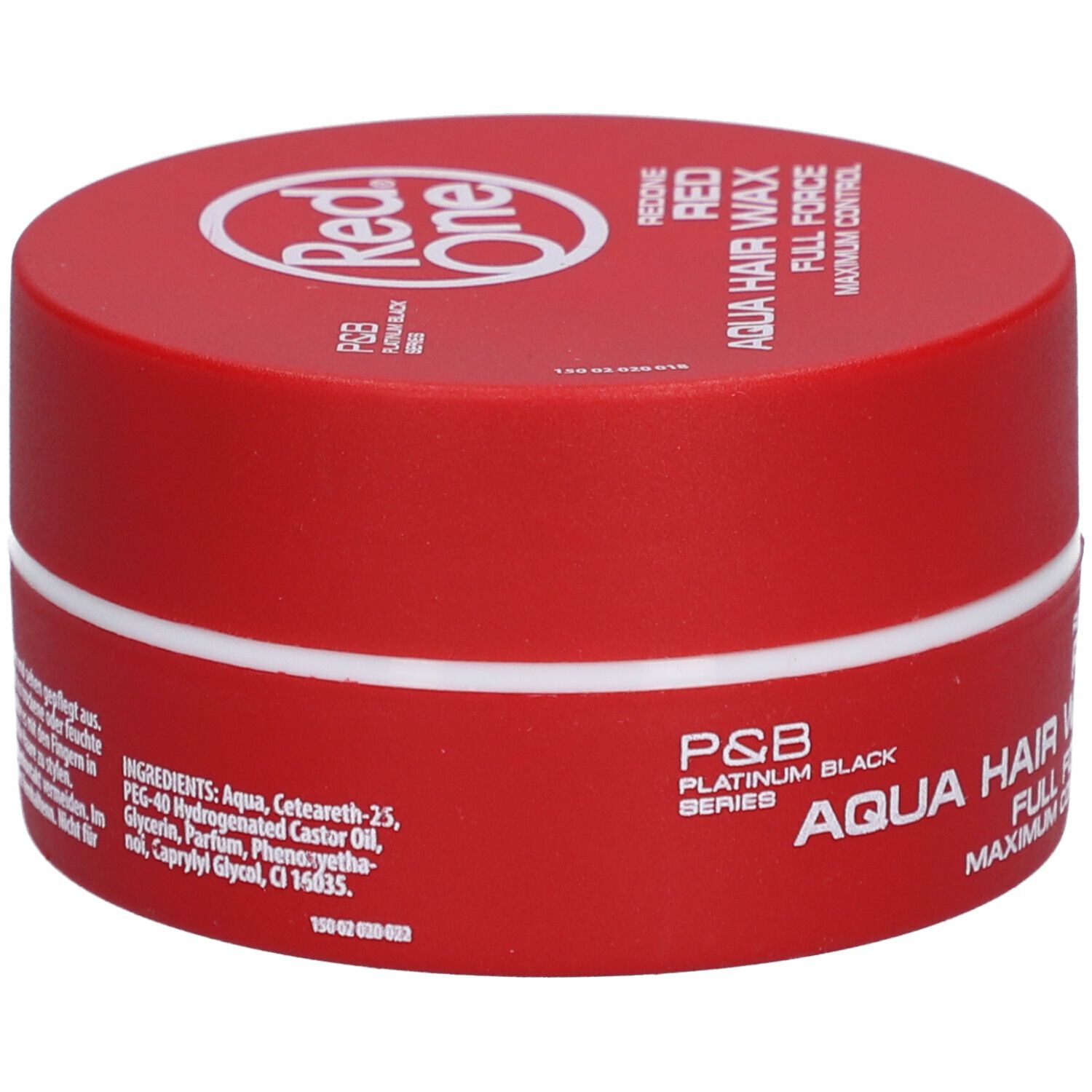 Rode pot met witte rand. Opschrift: Red One Aqua Hair Wax Full Force. Logo: Red One. Ingrediëntenlijst.