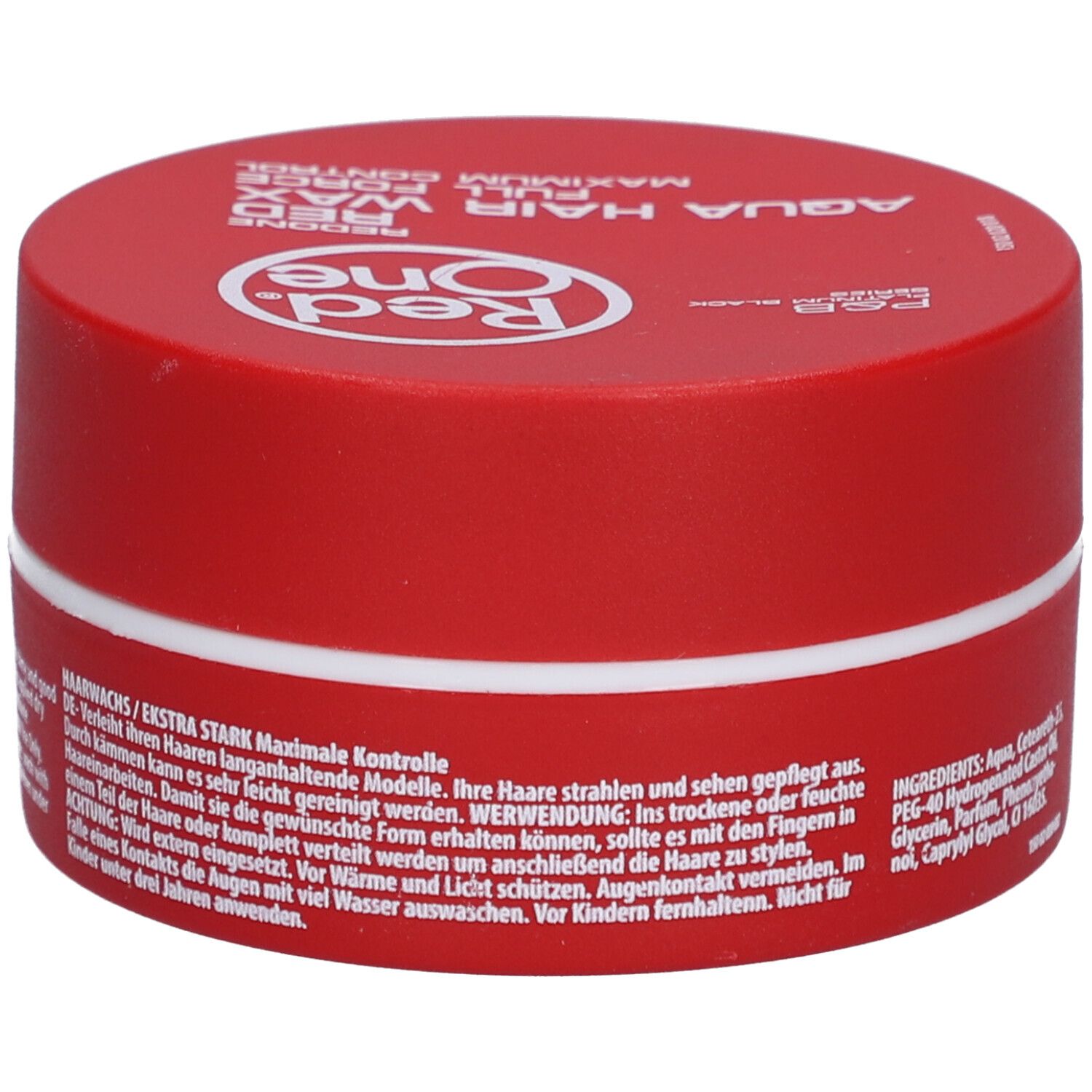 Rode pot met witte rand. Opschrift: Red One Aqua Hair Wax Full Force. Logo: Red One. Tekst in het Duits.