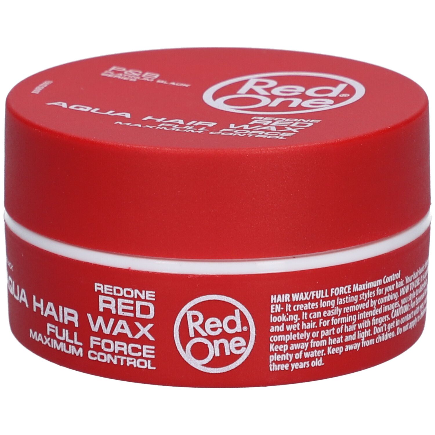 Rode pot met witte rand. Opschrift: Red One Aqua Hair Wax Full Force. Logo: Red One. Tekst in het Engels.